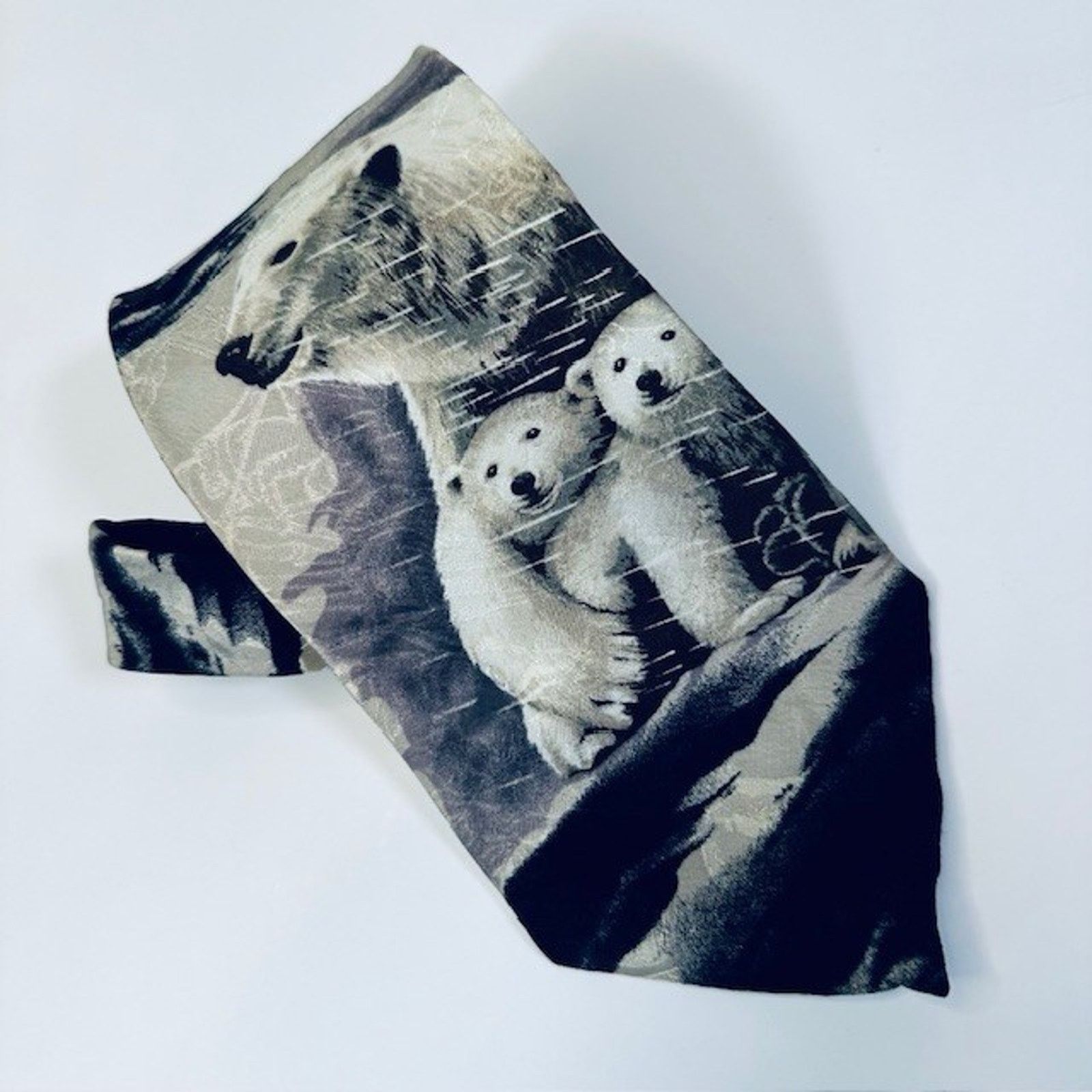 Other Endangered Species Tie Artic Polar Bears, Blk/White/Blu Silk Size ONE SIZE - 13 Thumbnail