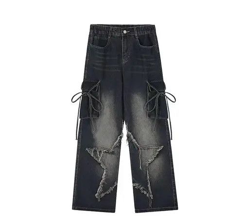 VIBE Vintage multi-pocket star distressed raw edge wide-leg jeans Size US 32 / EU 48 - 1 Preview
