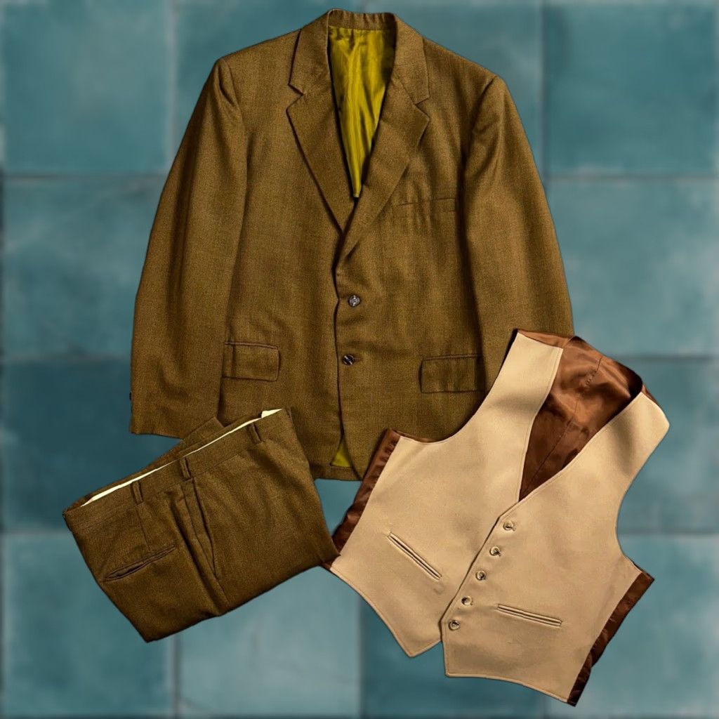 Vintage VINTAGE Lenox Hall 3 PC Suit Jacket Coat Pants Vest Rockabilly 70s 1970s Brown 42 Mens Plaid Mid Century Size 42R - 1 Thumbnail