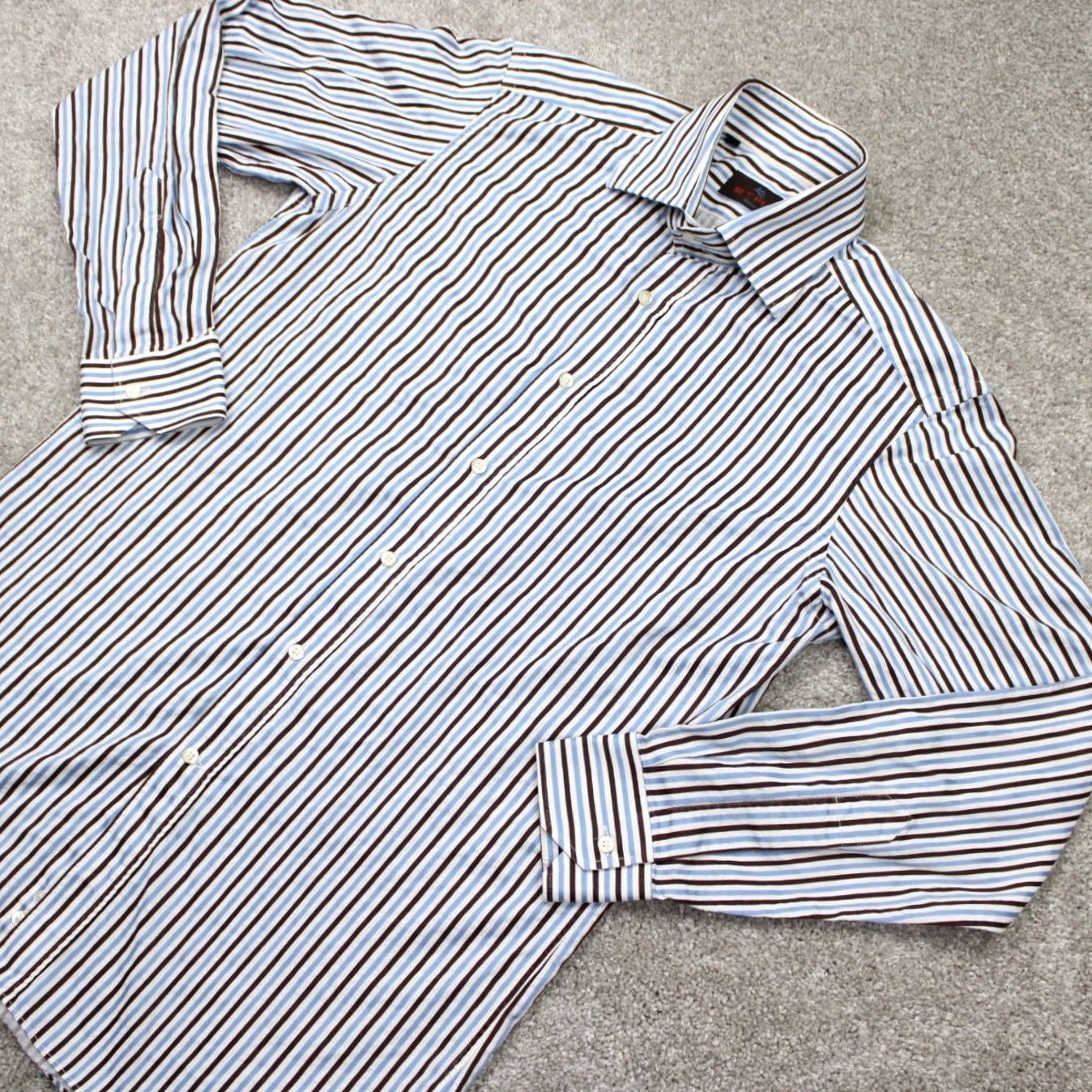 Etro ETRO Dress Shirt Mens 39 Blue/Brown Striped 100% Cotton Long Sleeve Button Up Shirt Size 40R - 4 Thumbnail