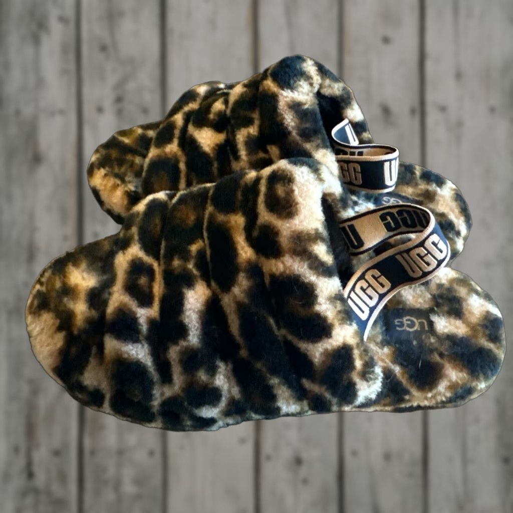 Ugg VINTAGE UGG Slipper Women Leopard Fluff Yeah Animal Print Slipper 6 Brown Sheepskin Wool Rubber Comfort Cushioned Slip On Slides Size US 6 / IT 36 - 1 Thumbnail