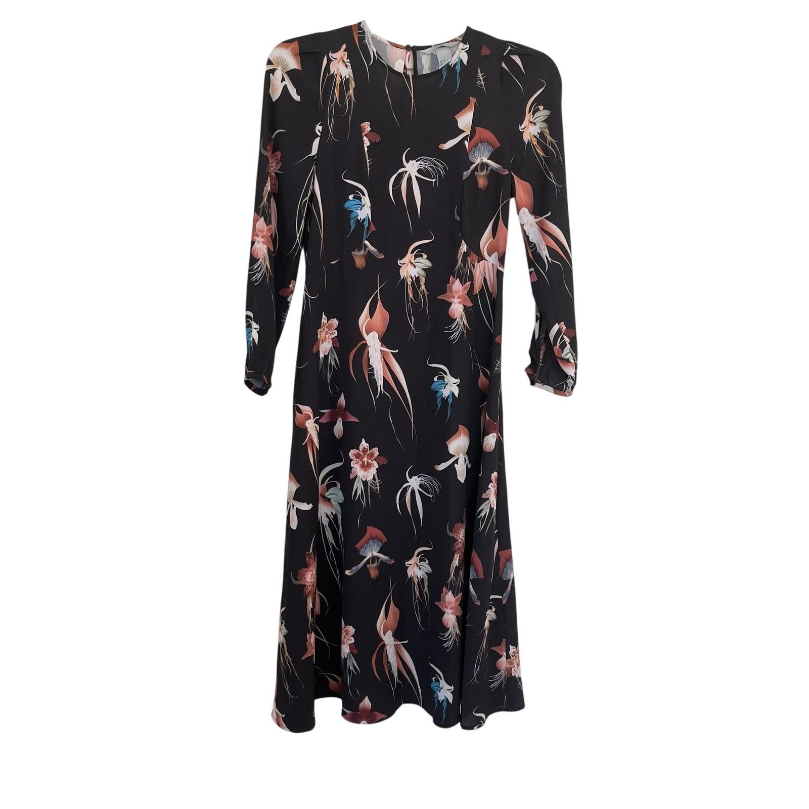 H&M H&M Black Floral Midi Dress Open Back Long Sleeve Flowy Size XS / US 0-2 / IT 36-38 - 2 Thumbnail