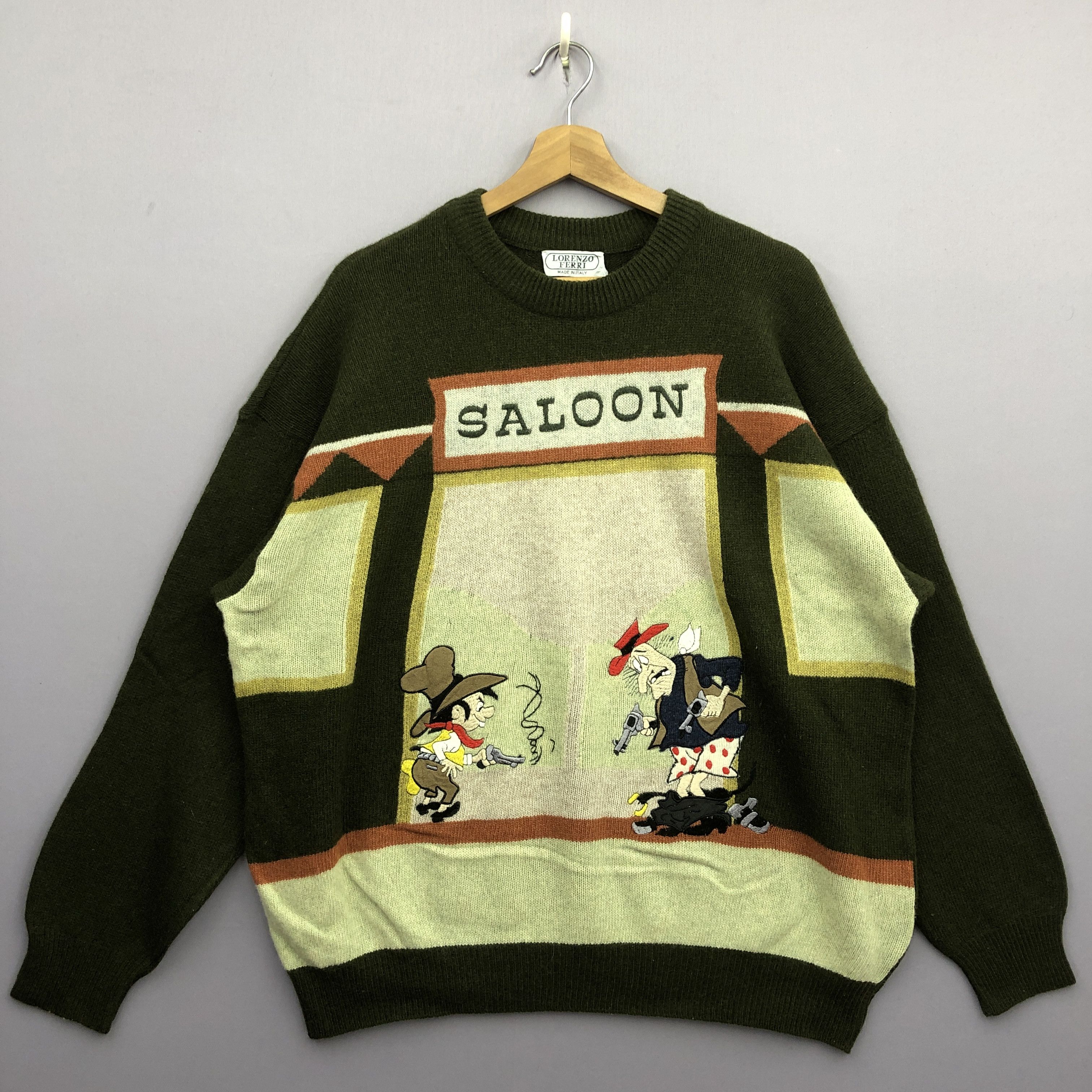 Homespun Knitwear Vintage Lorenzo Ferri Saloon Cartoon Knit Sweater Sweatshirt Size US XL / EU 56 / 4 - 1 Thumbnail