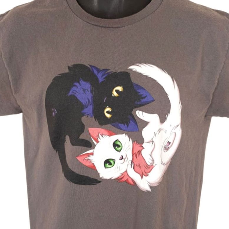 Vintage Yin Yang Cats T Shirt Mens Size Medium Gray Brown Kawaii Cute Kittens Cat Black Cat Shirt Mens Size US M / EU 48-50 / 2 - 2 Thumbnail