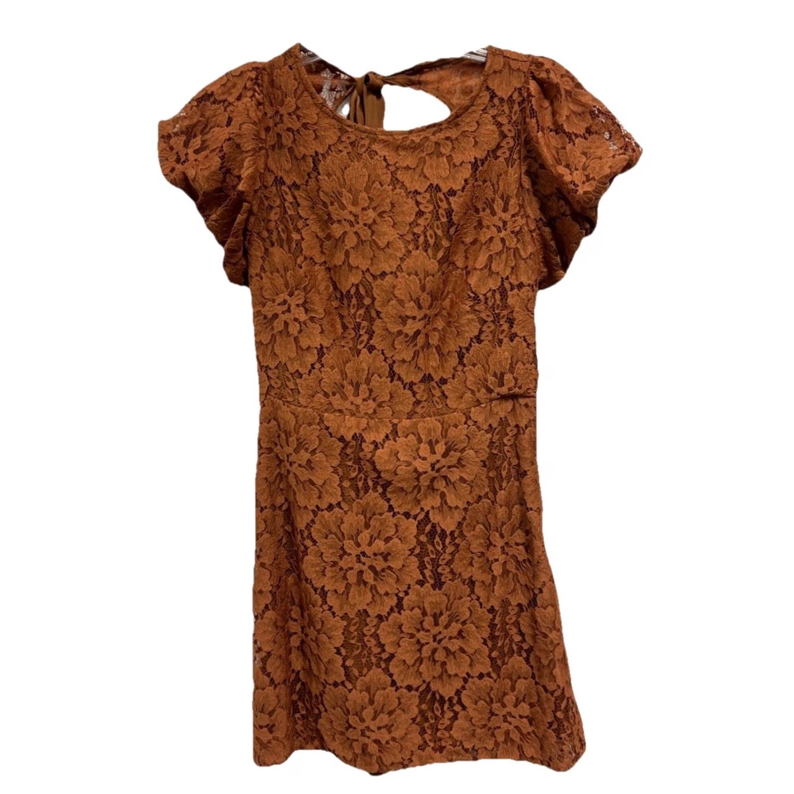 Free People Free People Lace Mini Dress Rust Copper Floral Boho Flutter Sleeve Tie Back PS Womens Size S / US 4 / IT 40 - 2 Thumbnail