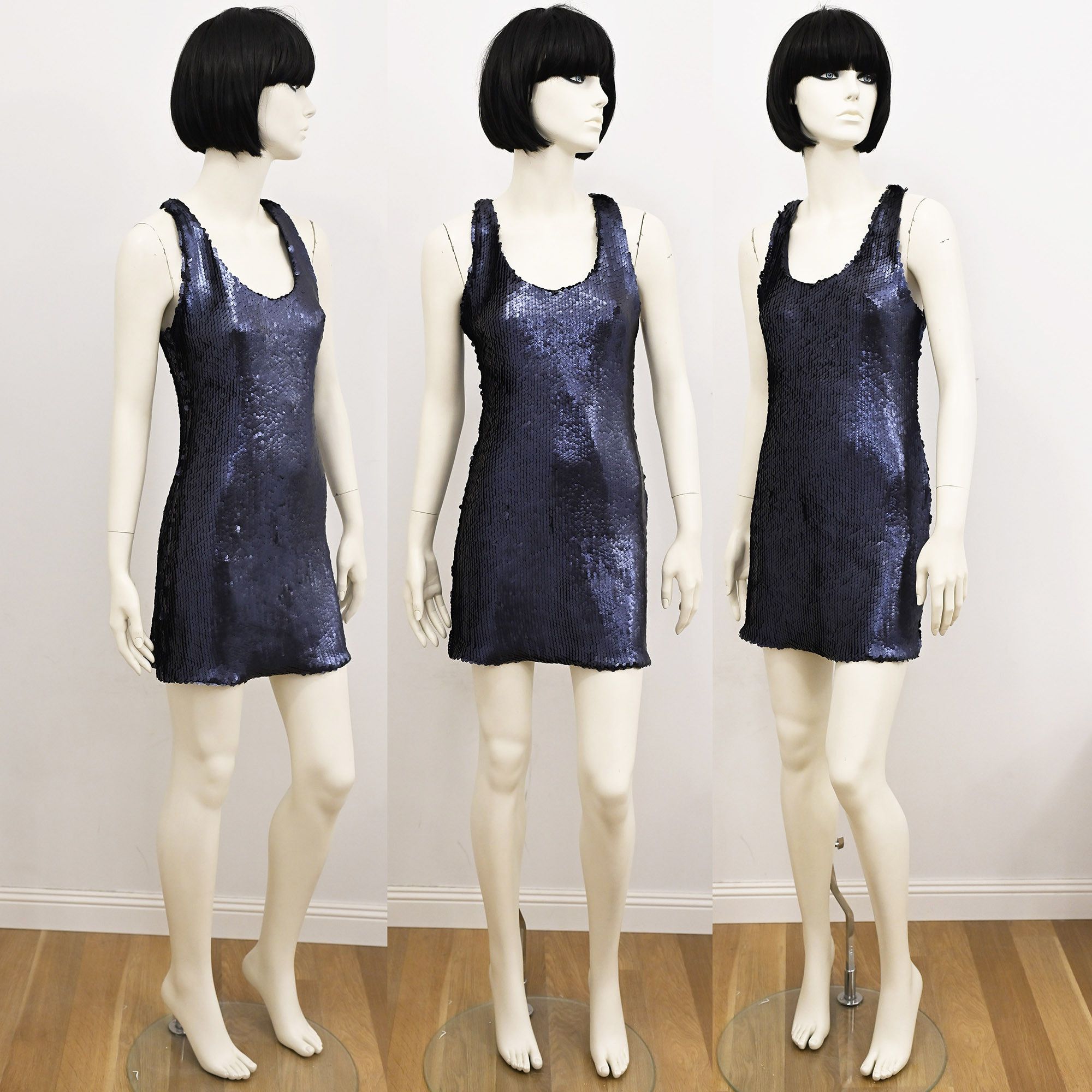 Vintage Bizuu sequined tank top mini dress in navy blue silk Size S / US 4 / IT 40 - 3 Thumbnail