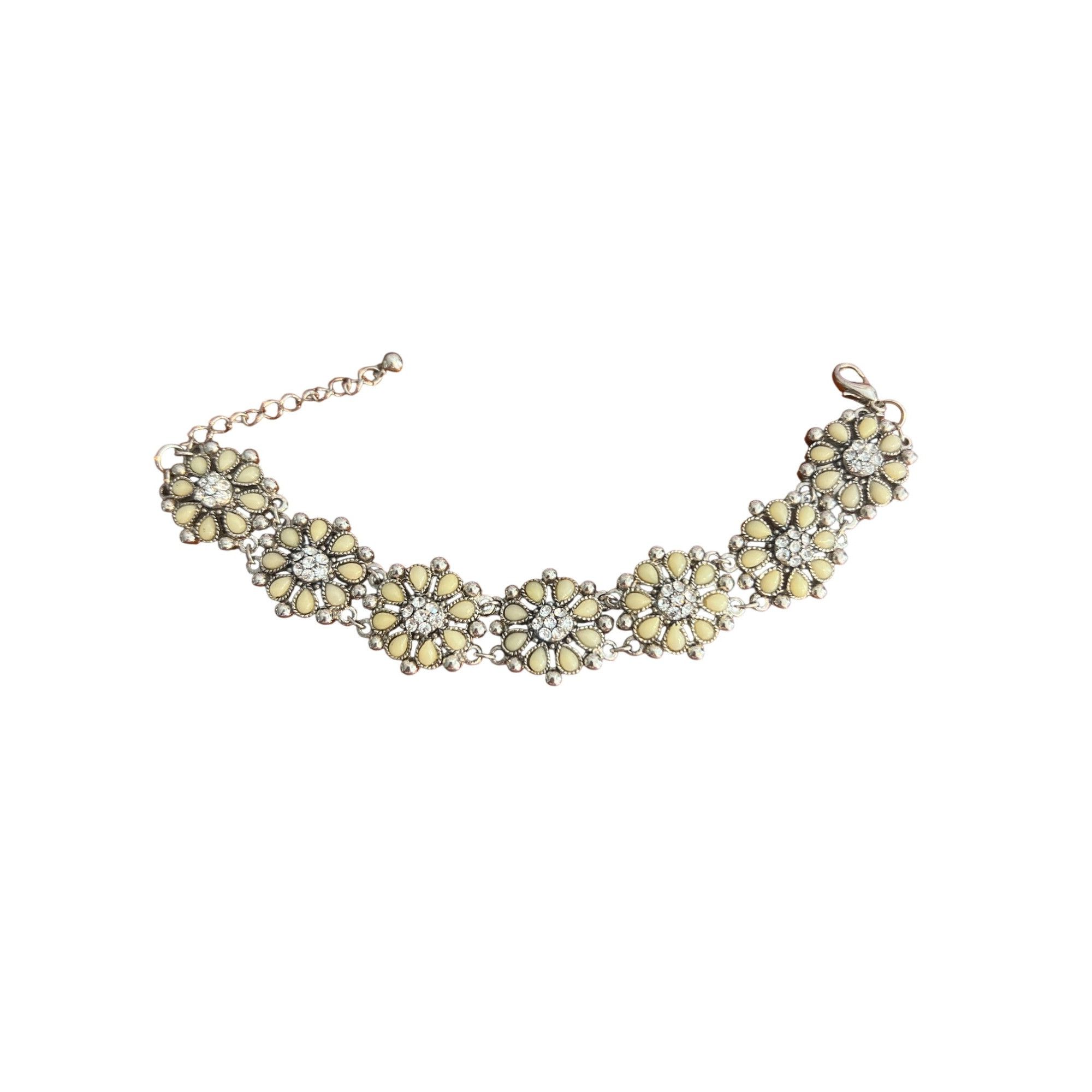 Other Silver Tone Flower Chain Bracelet Cream Clear Rhinestones Fl Size ONE SIZE - 3 Thumbnail