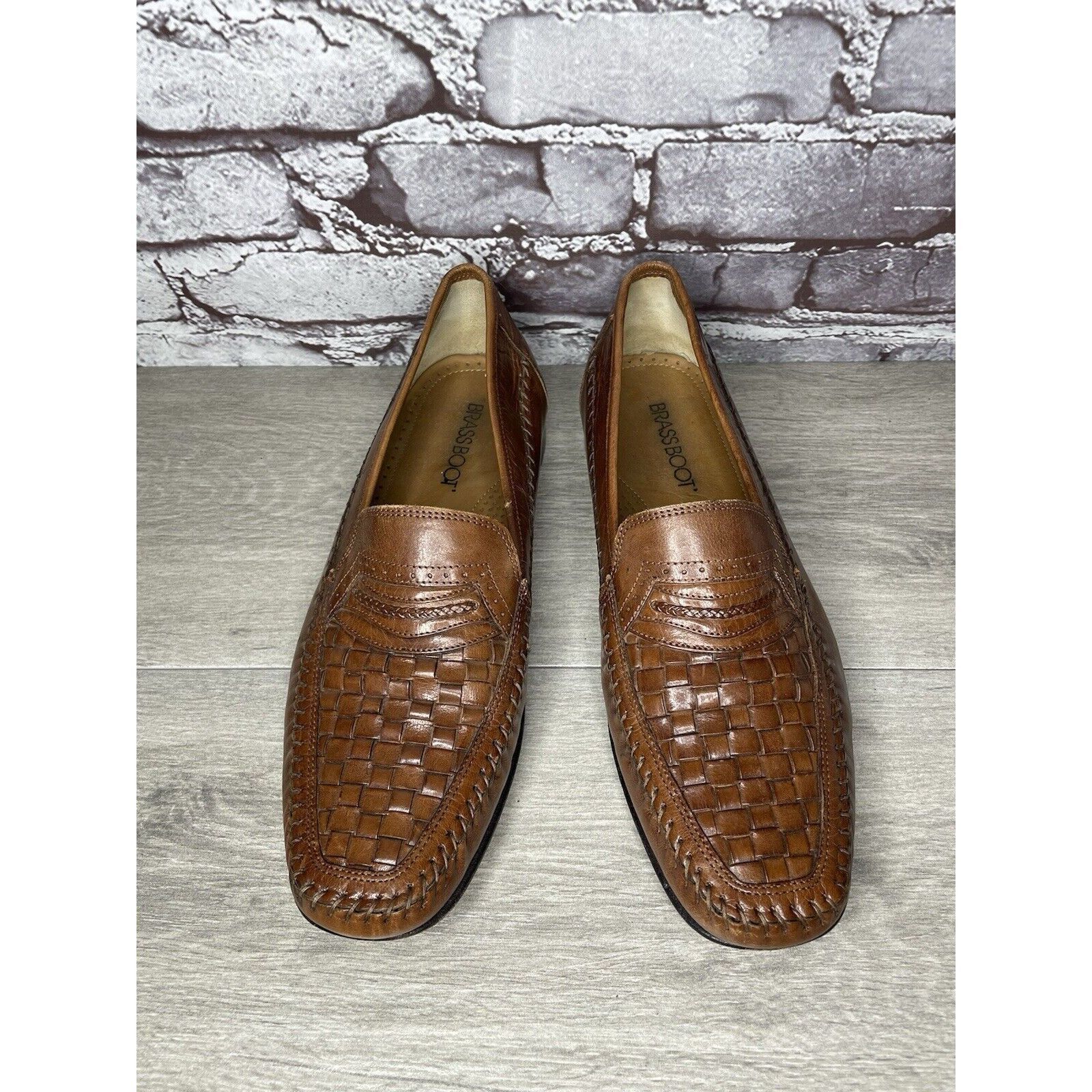 Other Brass Boot Brown Leather Basket Weave Loafers Dress Shoes Me Size US 10 / EU 43 - 17 Thumbnail