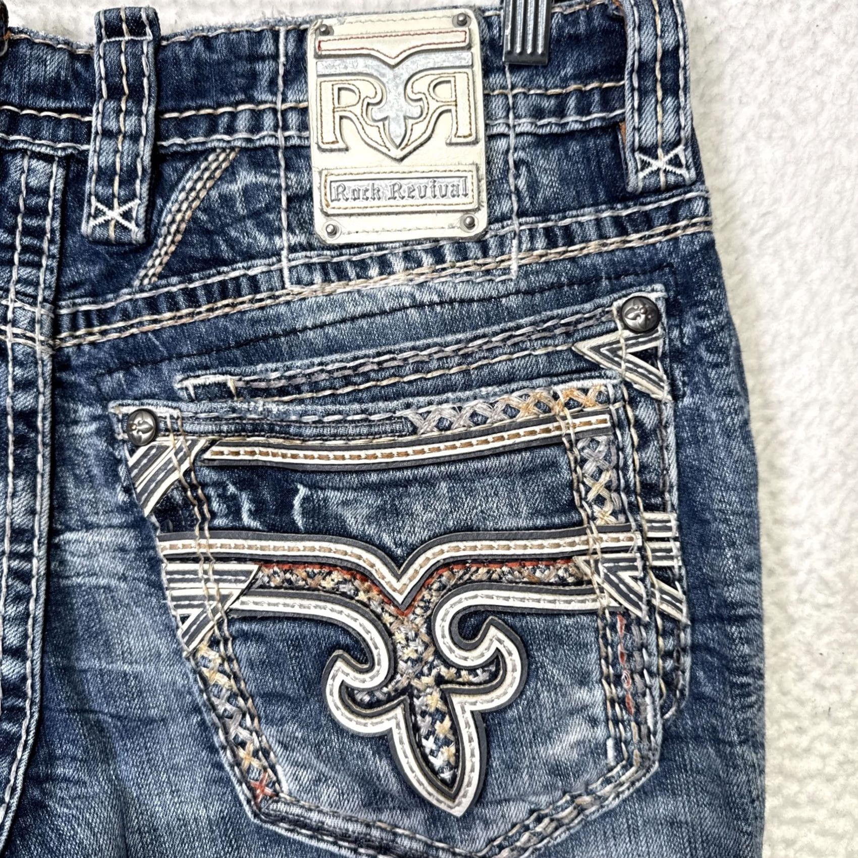 Vintage Rock Revival Jeans Mens 36 X28 Rock Revival Jeans Casual Straight Leg Denim Cotton Blend 5-Pocket Embroidered Logo Distressed Vintage: No Mens Size US 36 / EU 52 - 6 Thumbnail
