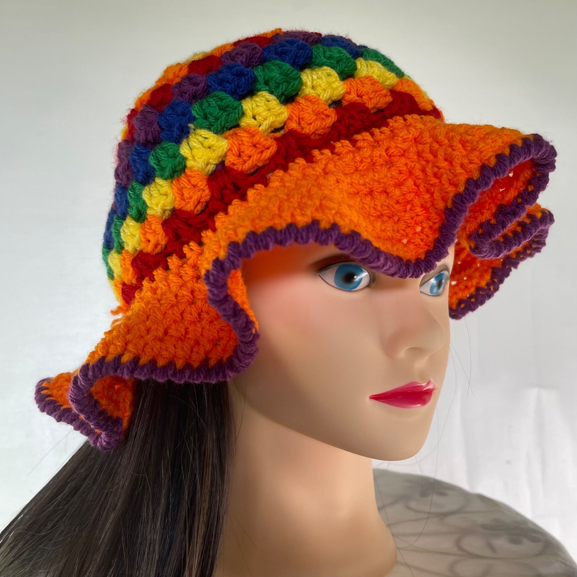 Handmade Crochet Bucket Hat Granny Square Pattern Rainbow Colors Adul Size ONE SIZE - 1 Thumbnail