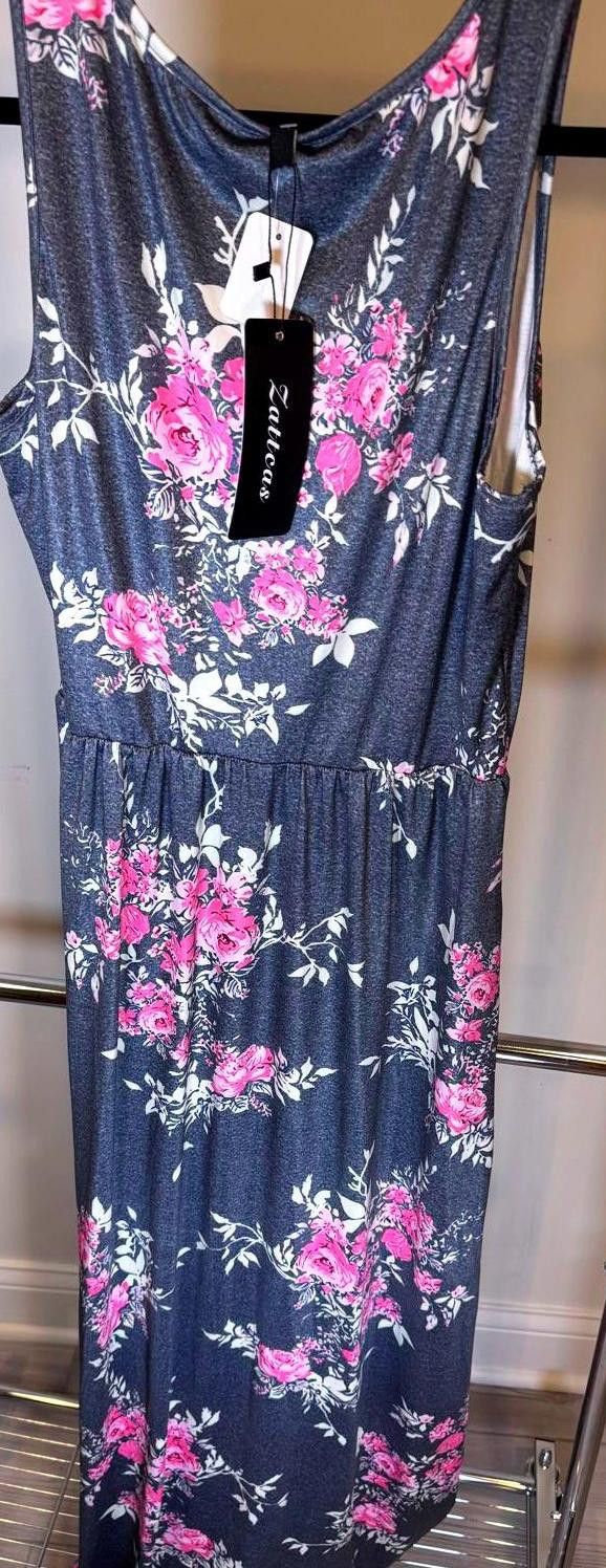 Designer Zatticas Floral Maxi Dress - Gray with Pink Roses Size L / US 10 / IT 46 - 2 Thumbnail