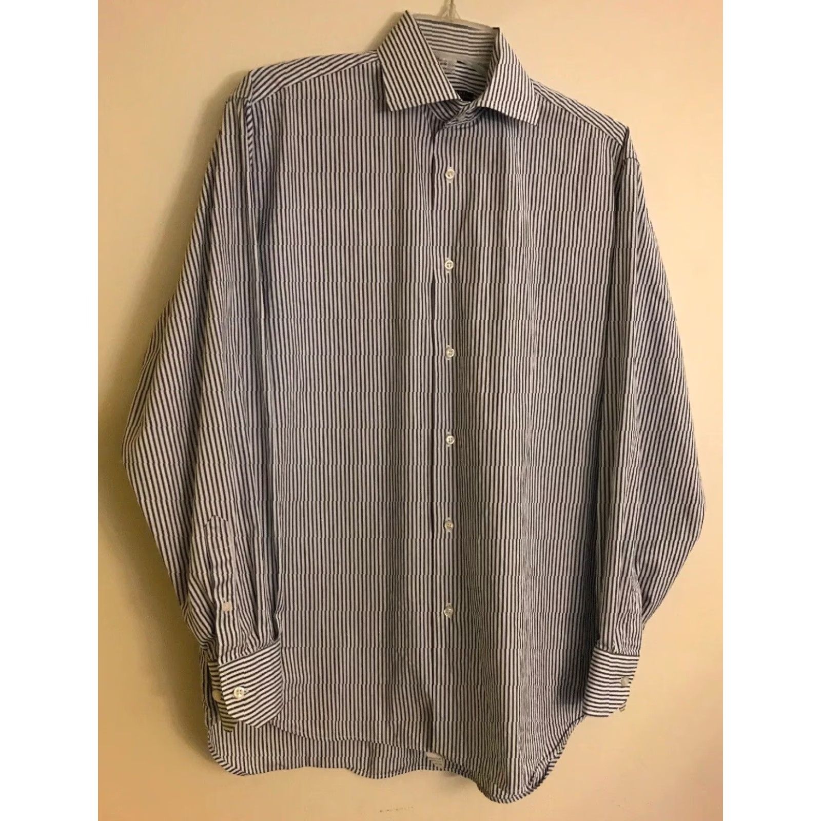 Vintage VINTAGE 37 14.5 Trussini Camicie Blue White Striped Long Sleeve Button Down 100% Cotton Mens Shirt Size 36R - 3 Thumbnail