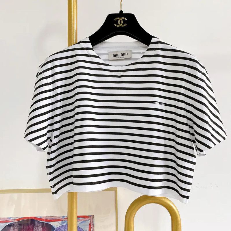 Miu Miu Black and White Striped Crop T-Shirt 0089