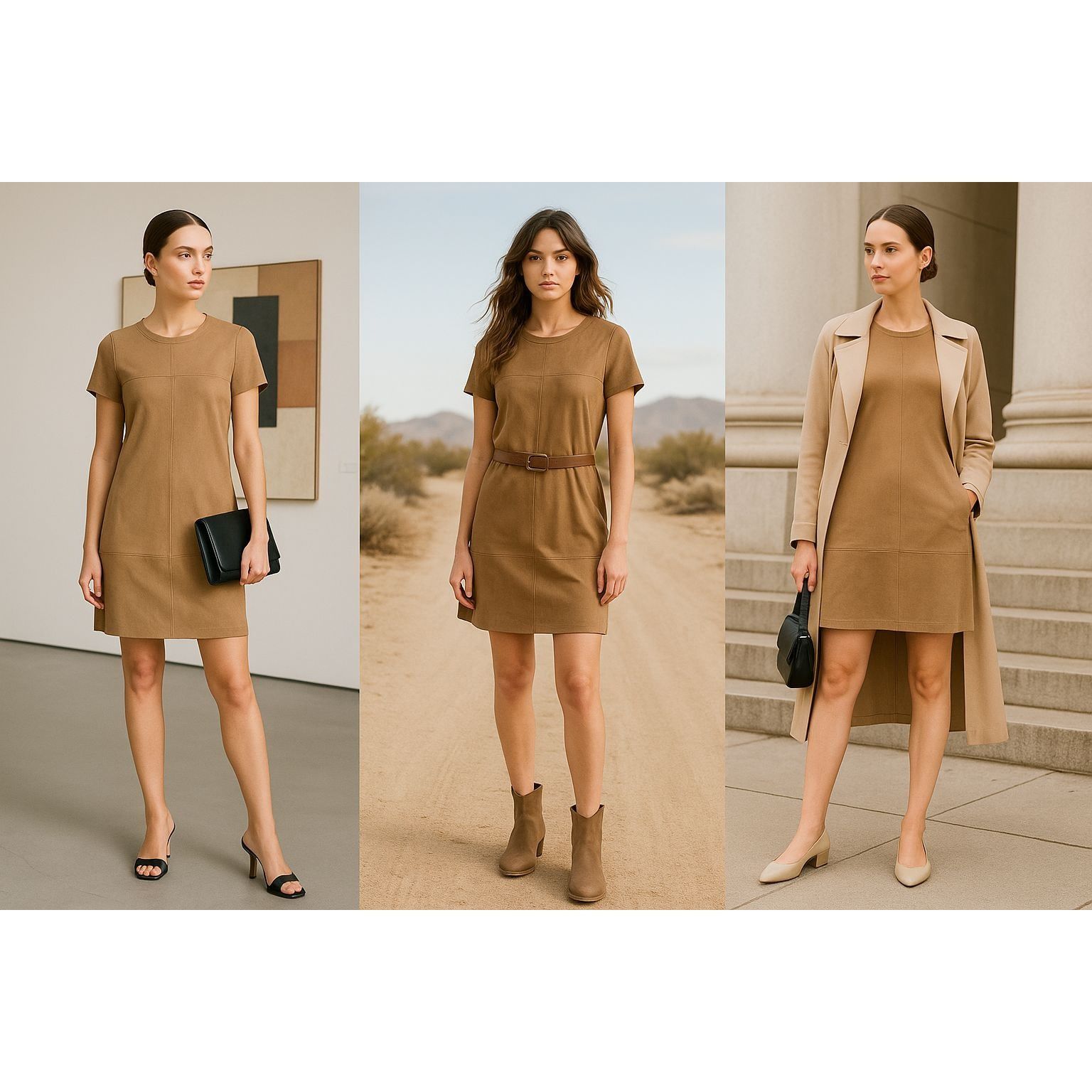 Other Lavender Brown Women Suede T-Shirt Dress Tan S Minimalist, Q Size S / US 4 / IT 40 - 1 Thumbnail