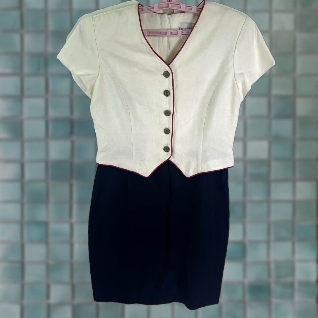 Vintage VINTAGE Danny & Nicole Dress Womens Midi Pullover V-Neck Short  Asymmetrical Sleeve White/Blue Petite 10P USA Solid A-Line Fit & Flare |  Grailed