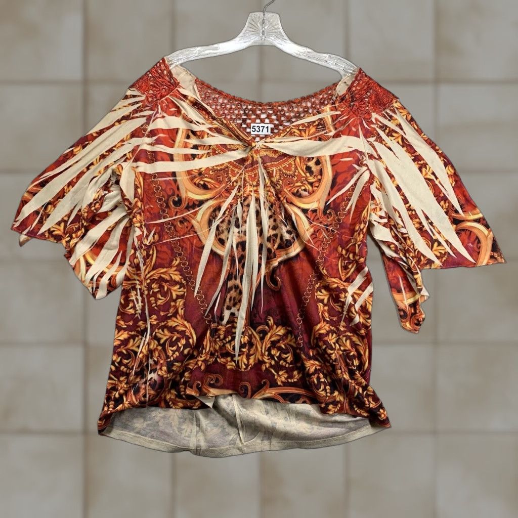 Vintage Oneworld Women's Top 2X Orange Scoop Neck Print Pullover Long Sleeve Embroidered Size XXL / US 16-18 / IT 52-54 - 1 Thumbnail