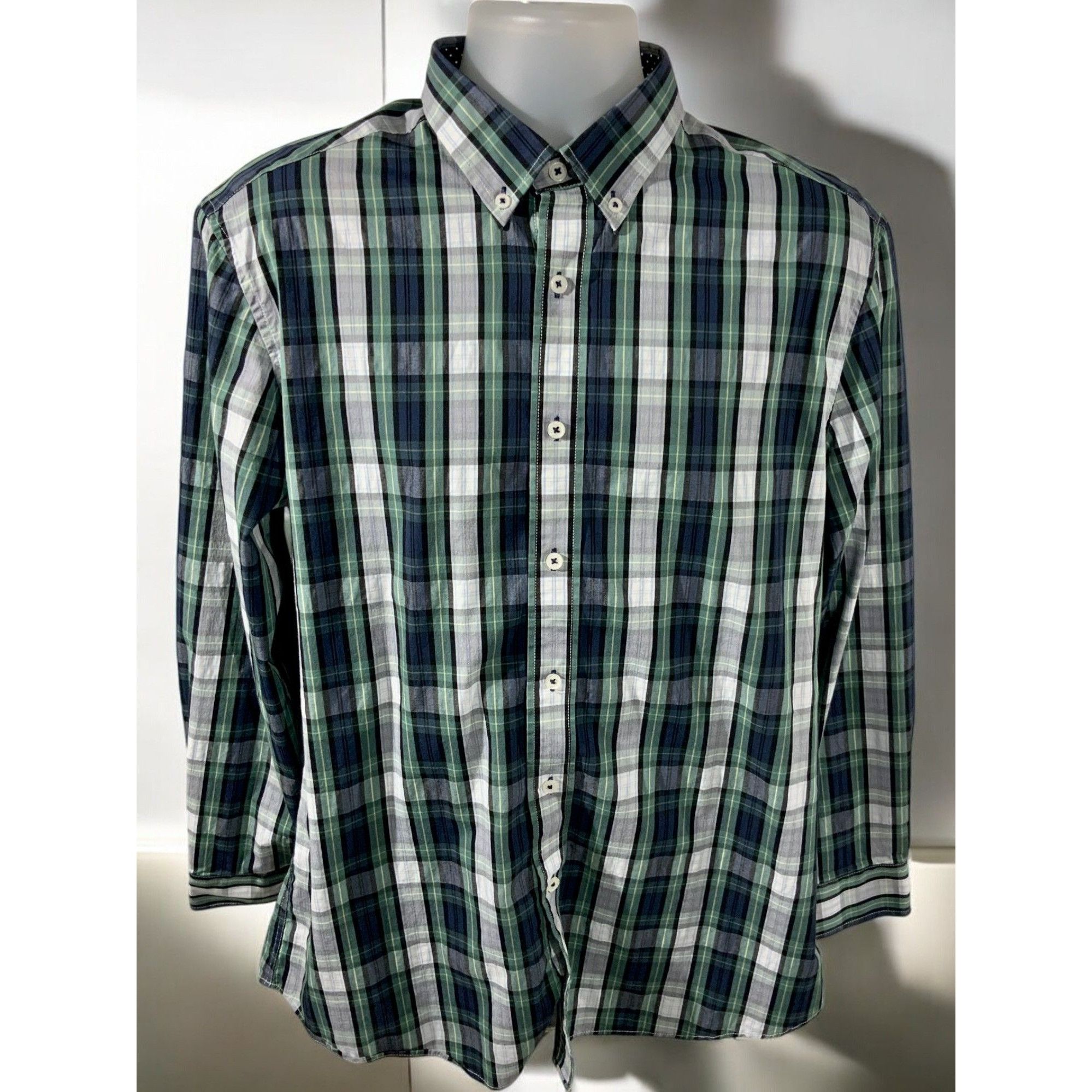 Designer Nick Graham Mens Green Blue Plaid Stretch Modern Fit Button Size US L / EU 52-54 / 3 - 2 Thumbnail