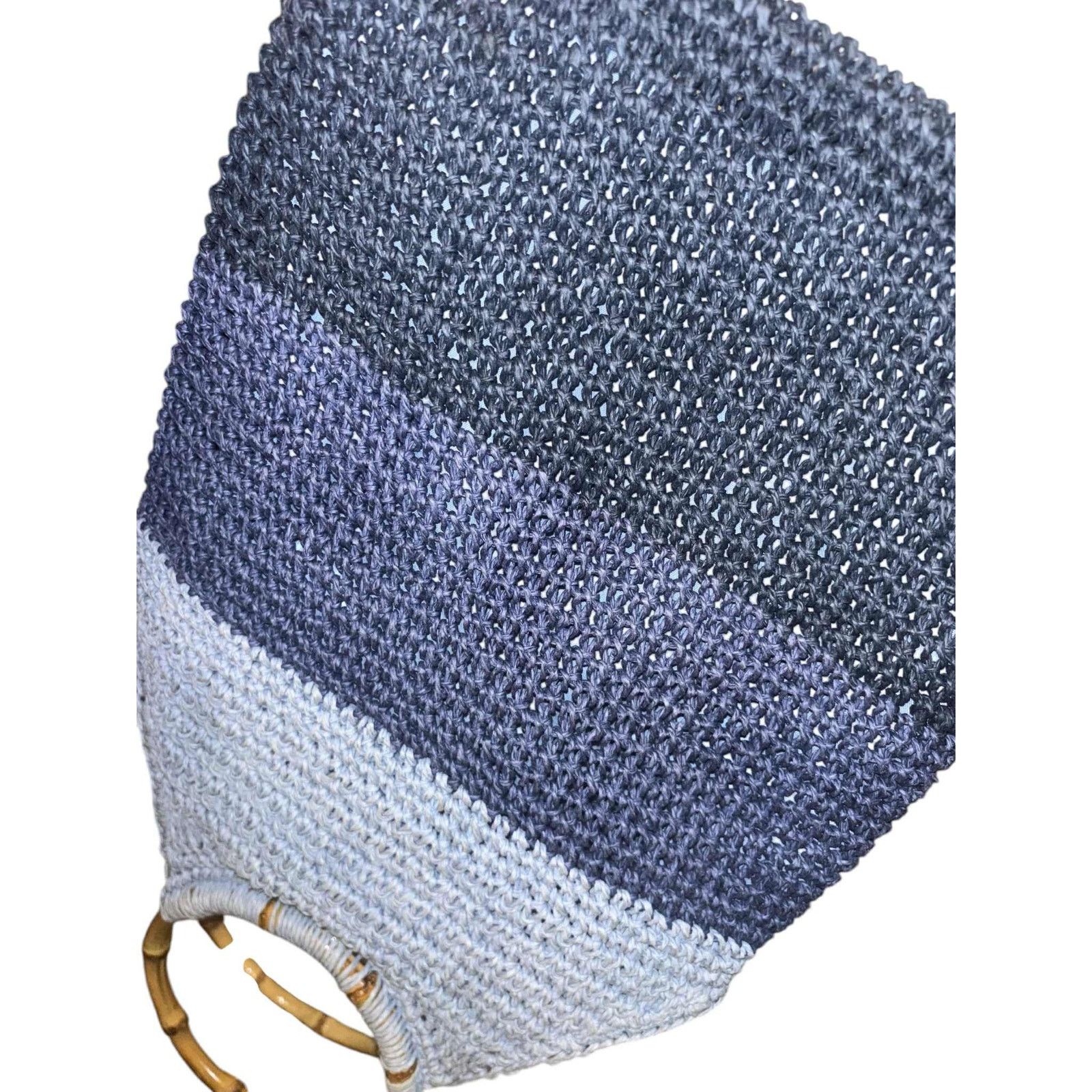 Other VINTAGE Crochet Bag Blue Ombre Bamboo Handle Boho Tote Purse Size ONE SIZE - 4 Thumbnail