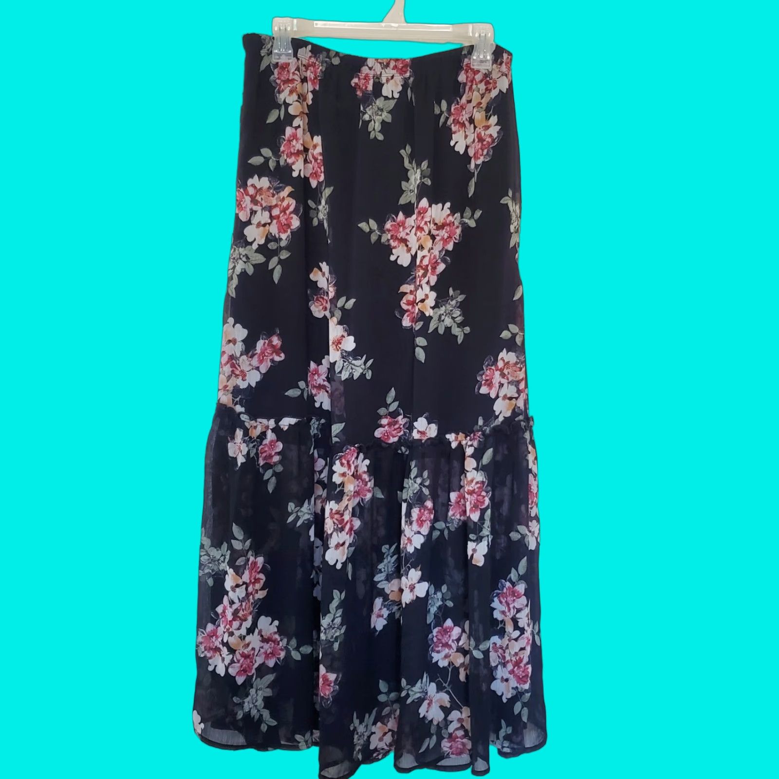 VINTAGE Bobeau Women's Midi A-Line Skirt Black Floral Lined