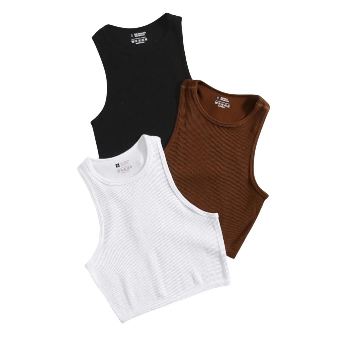 Shein 3 Piece Ribbed Halter Tank Tops in Black/White/Brown, Size M Size M / US 6-8 / IT 42-44 - 1 Thumbnail
