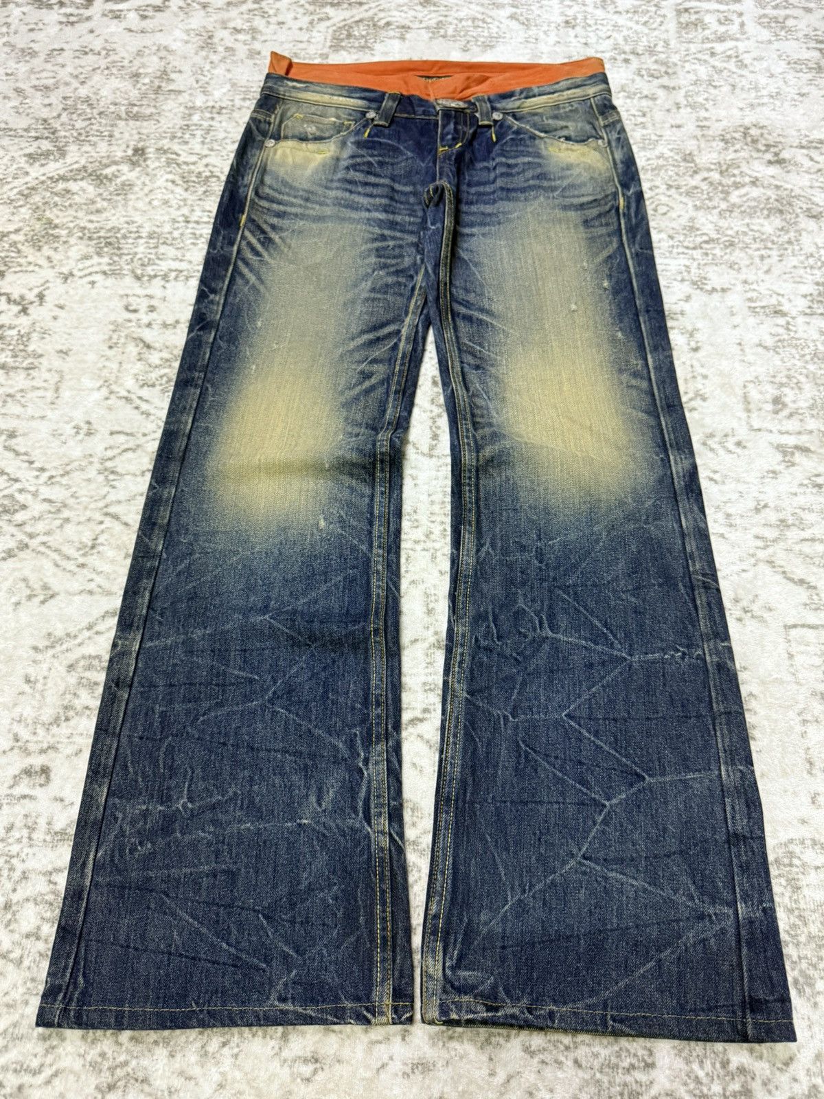 Japanese Brand 2000s Red Pepper Japan Embroidery Skull Flare Wide Leg Jeans Size 29" - 2 Thumbnail