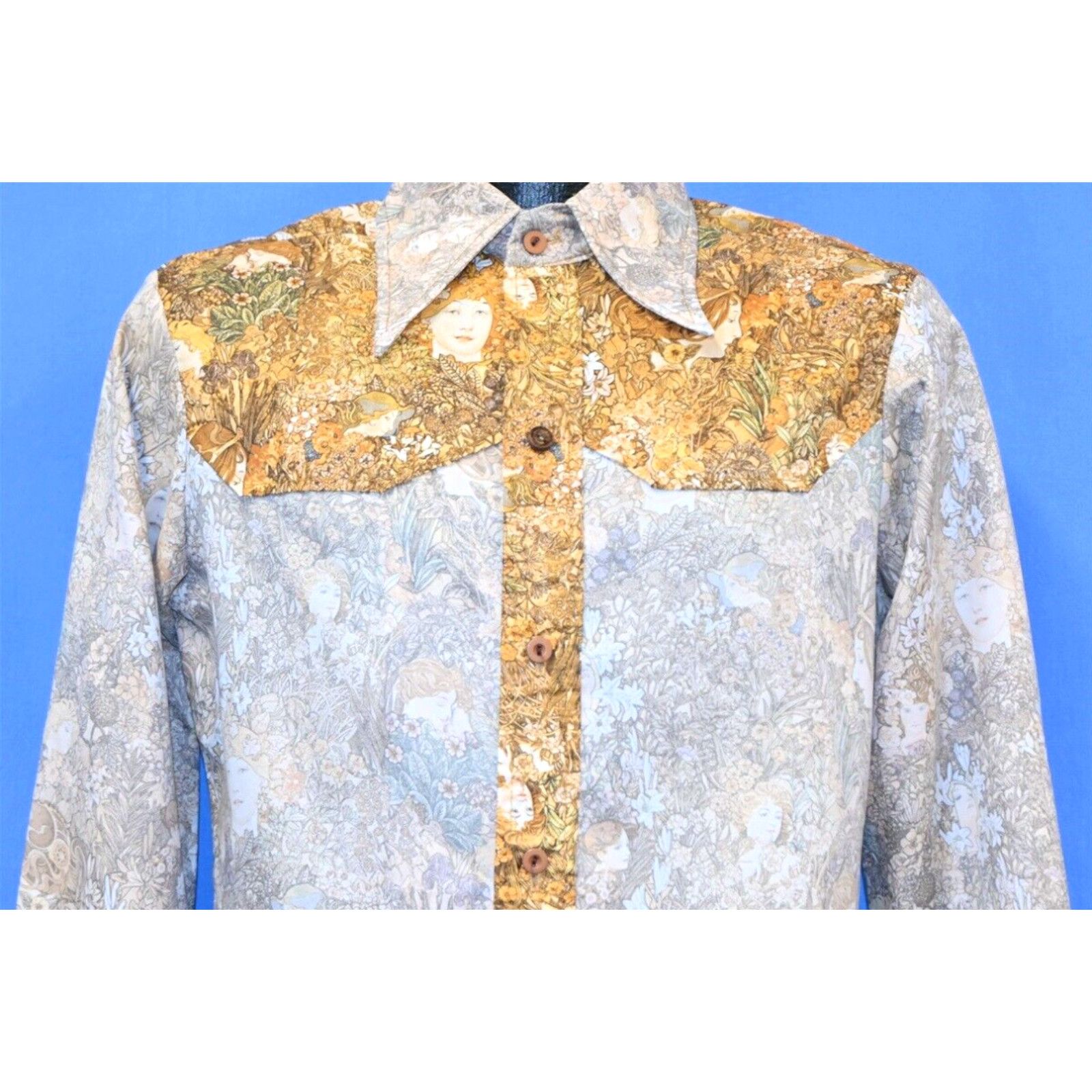 Image of Vintage VTG 70's Calif Alphonse Mucha Art Nouveau Western Yoke Polyester Disco Shirt S in White (Si