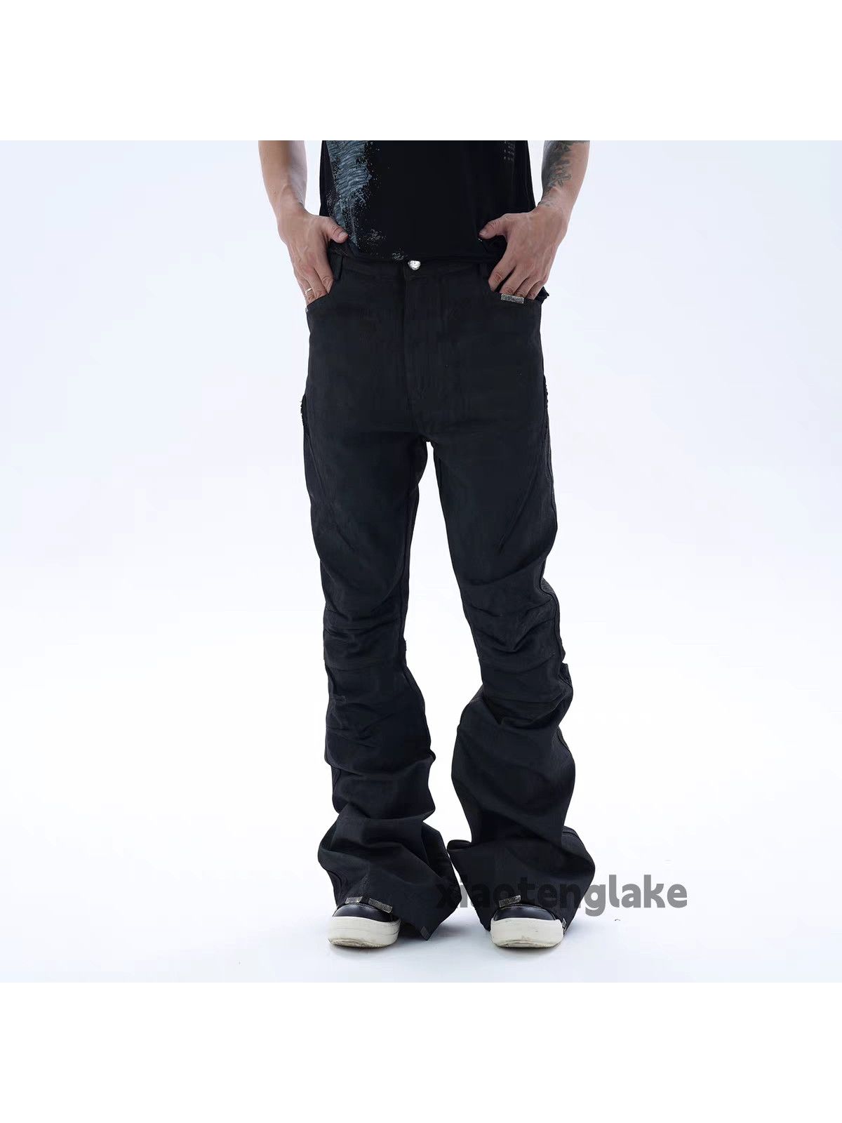 パンツ waxed coating black flare denim opium Jean zx wax coated stack punk hiphop opium flared jeans | Grailed