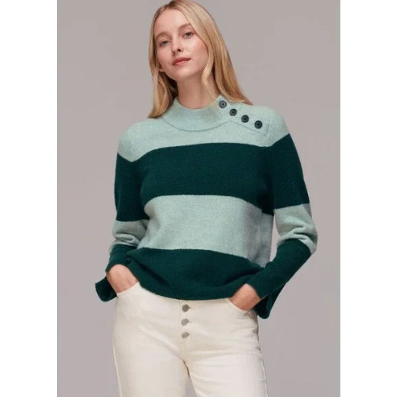 image of Whistles Stripe Button Neck Jumper Sweater in Green, Women's (Size Small)