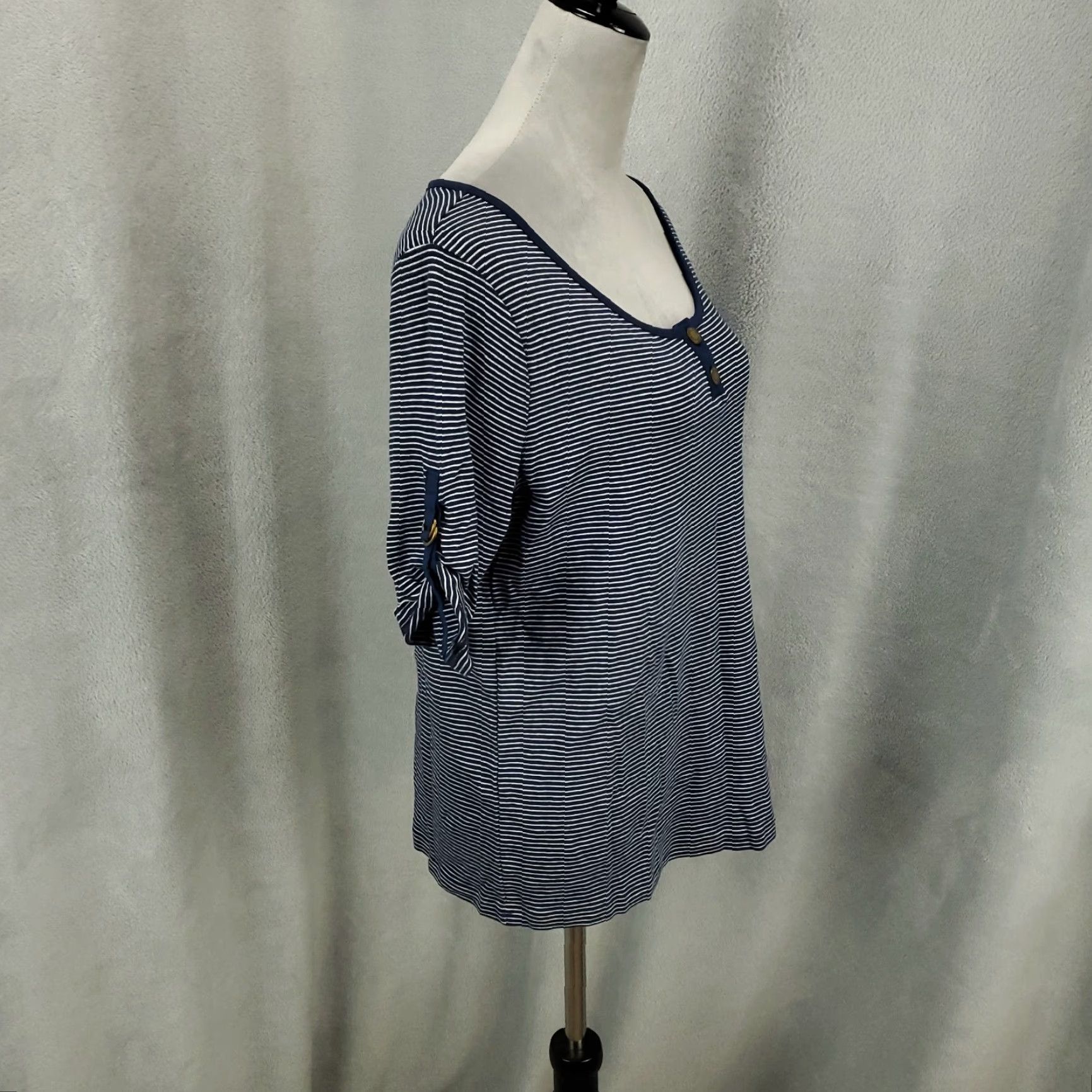 Chaps Chaps Womens Blouse 1X Size Plus Blue Nautical Striped Roll Tab Sleeve Short Sleeve Buckle Accent Size XL / US 12-14 / IT 48-50 - 2 Thumbnail
