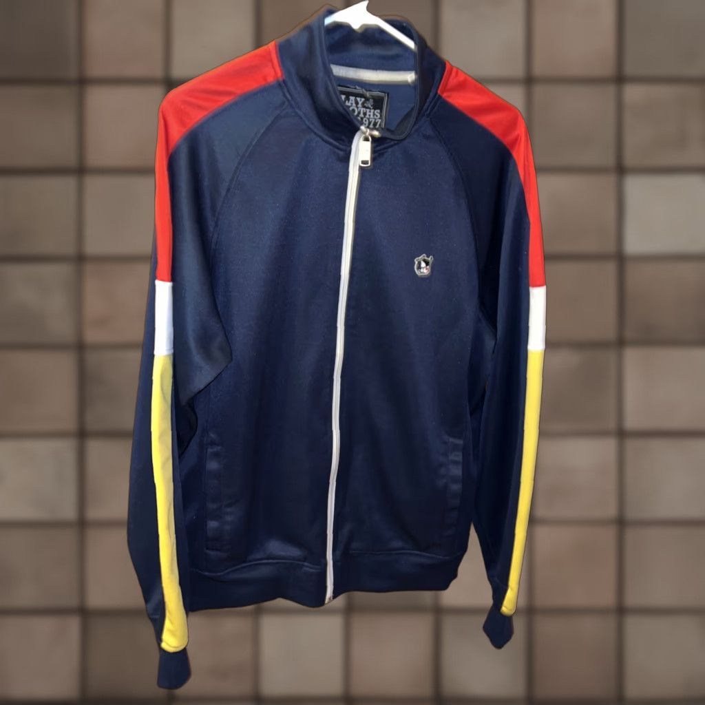 Logo 7 Play Cloths Jacket Mens XL Track Color Block Sleeve Blue Red Yellow Logo W/ Jack Size US XL / EU 56 / 4 - 1 Thumbnail