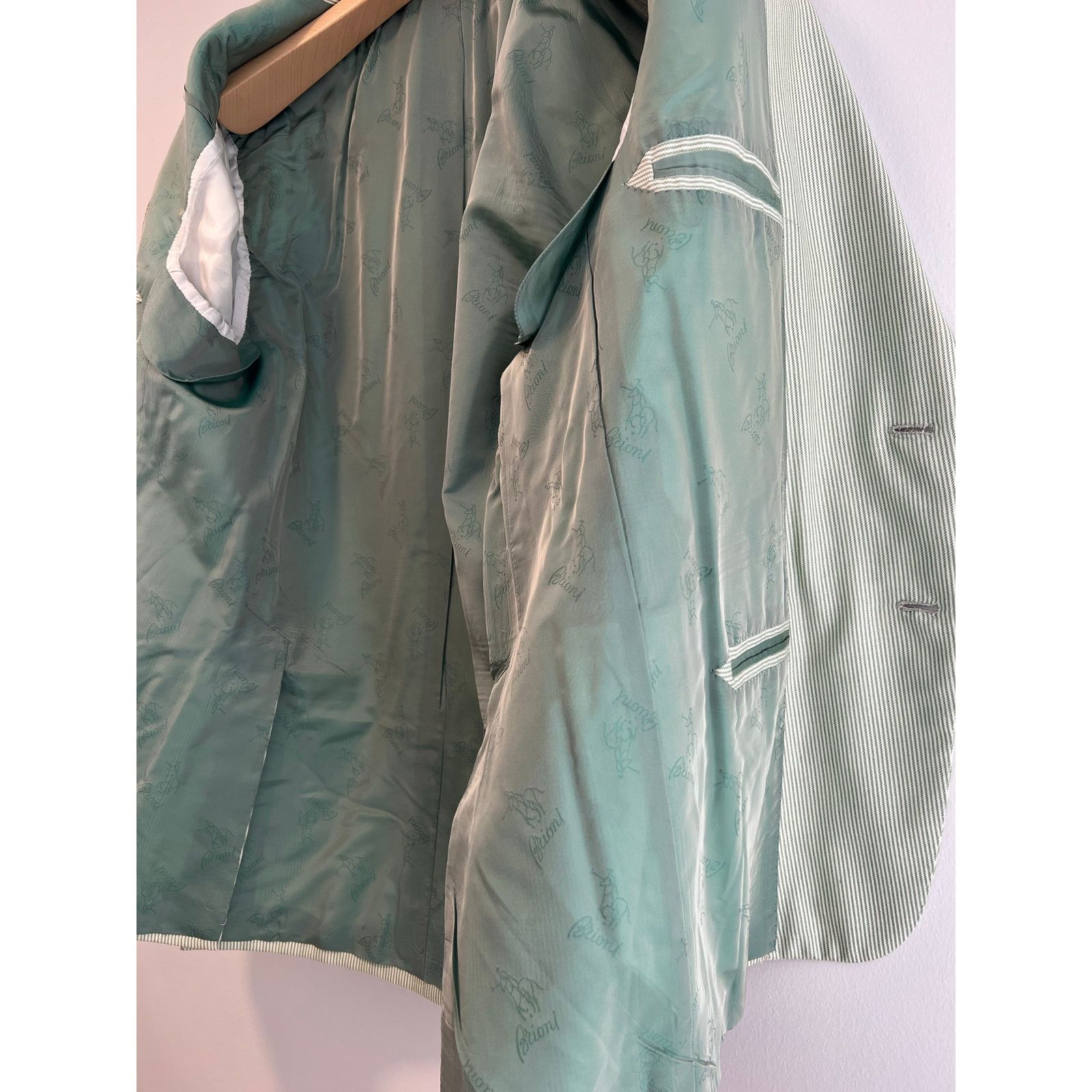 Brioni Brioni Cashmere & Silk Green White Pinstripe Suit Jacket 46R Size 46R - 10 Thumbnail
