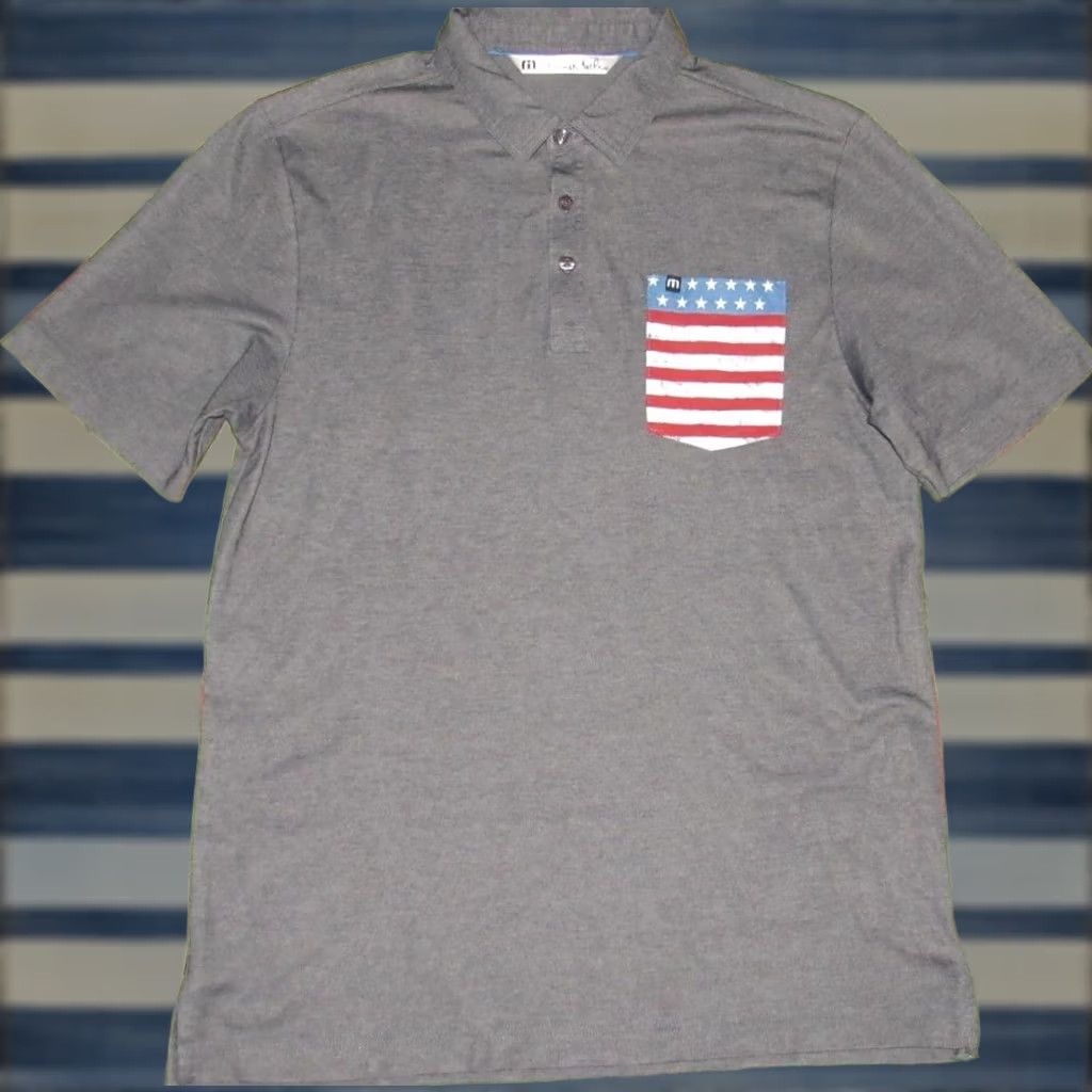 TravisMathew Travis Mathew Short Sleeve USA Flag Pocket Polo Shirt M Medium Gray Mens Polo Size US M / EU 48-50 / 2 - 1 Thumbnail