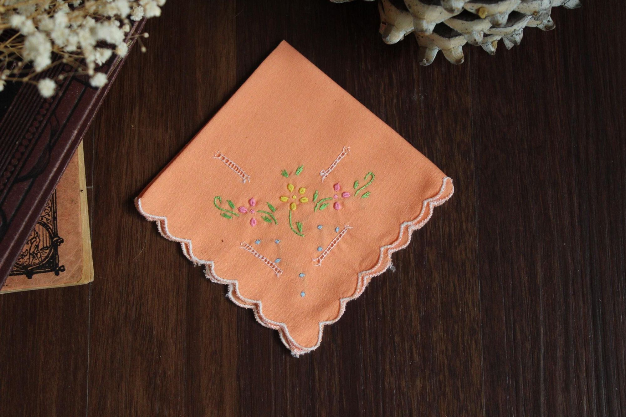 Vintage Vintage Handkerchief, Orange Cotton with Floral Embroidered Size ONE SIZE - 1 Thumbnail