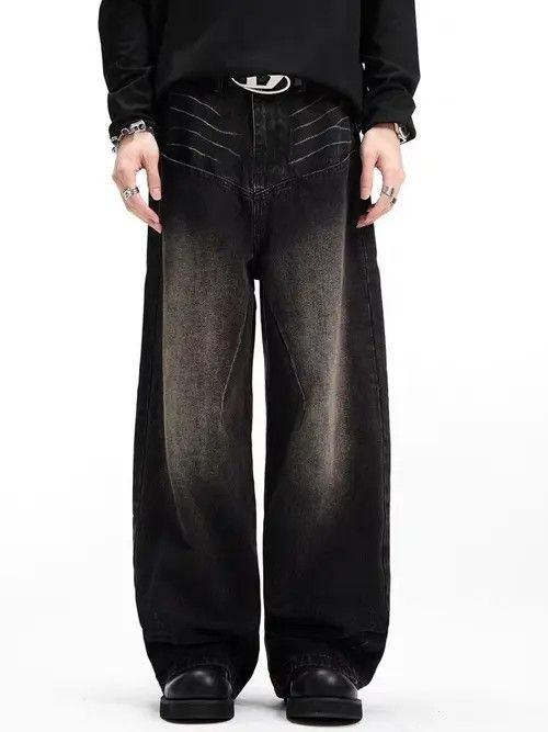 image of Retro High Street Straight Wide Leg Jeans in Brownish Yellow, Men's (Size 32)