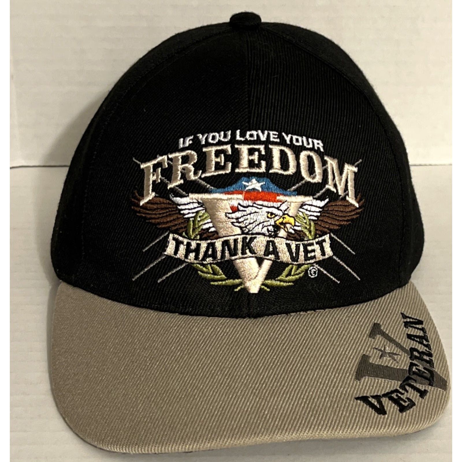 Vintage VETERANS - If You Love Your Freedom THANK A VET Embroidered Cap Hat - Authentic Hat Adjustable Black Unisex Adults Army Cap Size ONE SIZE - 2 Thumbnail