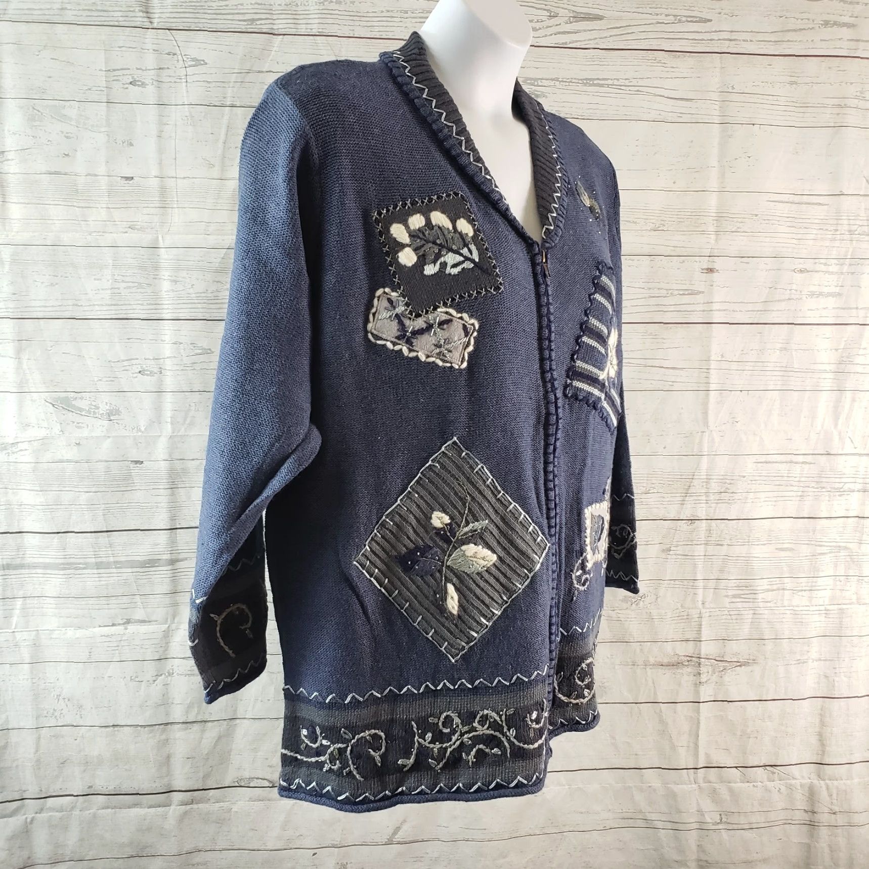 Vintage Susan Graver Graver Studio Womens Full Zip Sweater 2X Blue Gray Fall Leaves Cotton Blend Knit Long Sleeve Autumn Womens Size XXL / US 16-18 / IT 52-54 - 3 Thumbnail