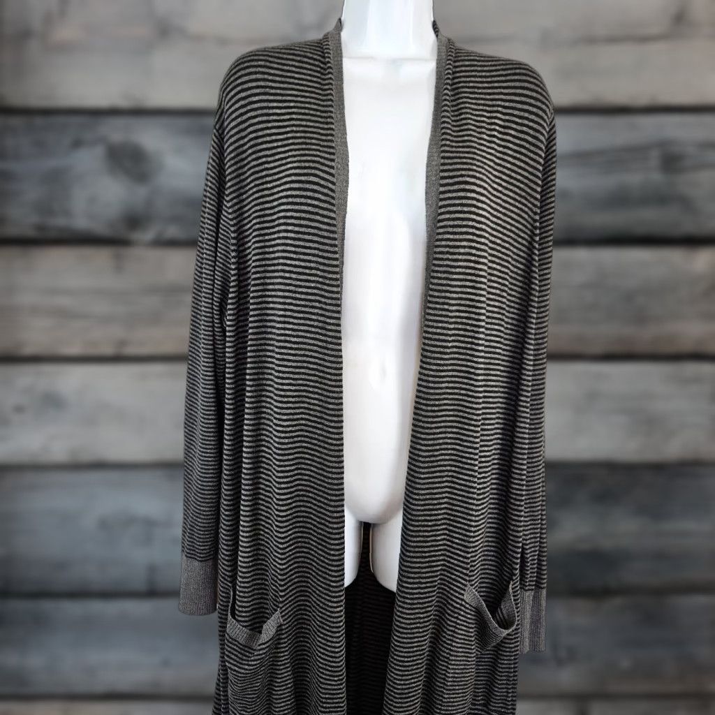 Eileen Fisher Eileen Fisher Womens Duster Cardigan Sz Large Black Gray Striped Viscose Blend Knit Long Sleeve Size L / US 10 / IT 46 - 1 Thumbnail