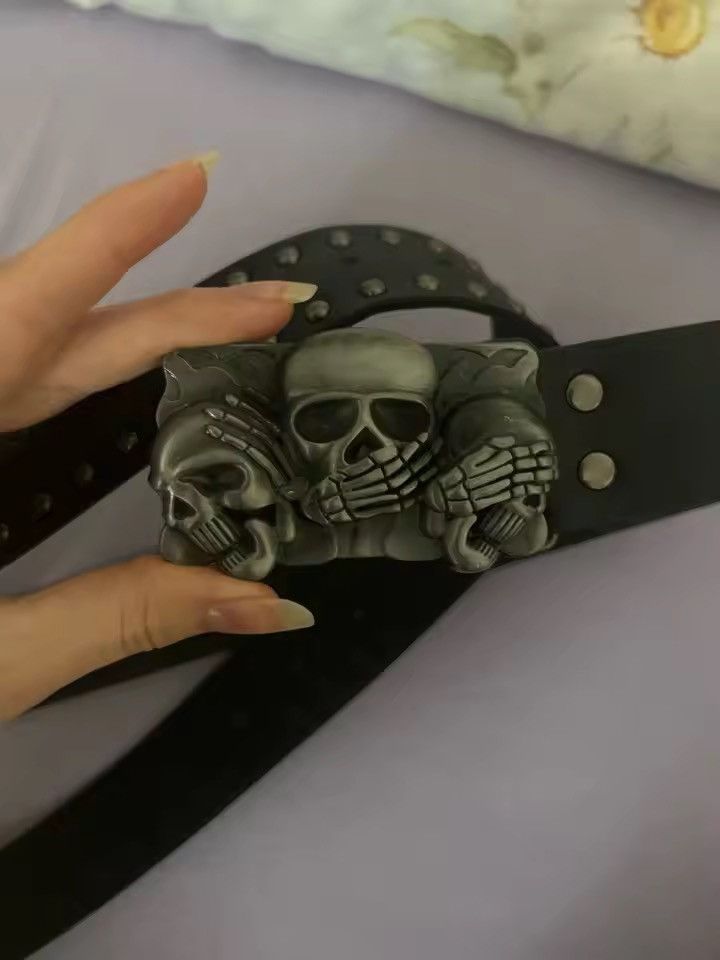 Japanese Brand Y2K Grunge Punk Rock Black Studded Belt Triple Skull Buckle Size ONE SIZE - 3 Thumbnail