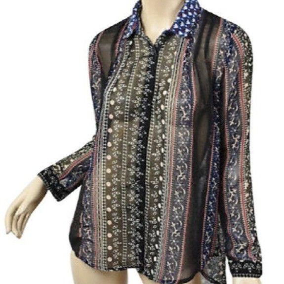 Vintage Free People Black Floral Striped Button Down Top Size M / US 6-8 / IT 42-44 - 1 Thumbnail