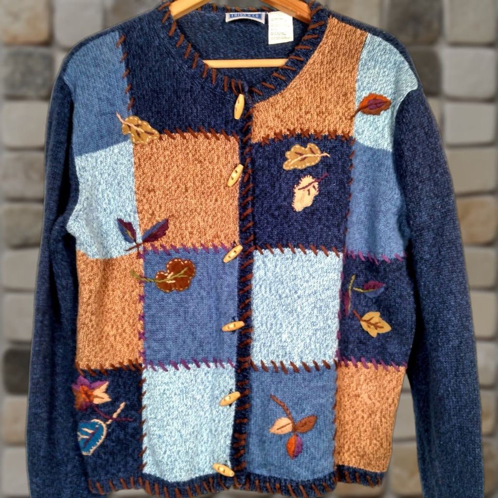 CO VINTAGE Unbranded Cardigan Sweater Women Large Patchwork Blue Brown Fall Leaves Casual Size L / US 10 / IT 46 - 1 Thumbnail