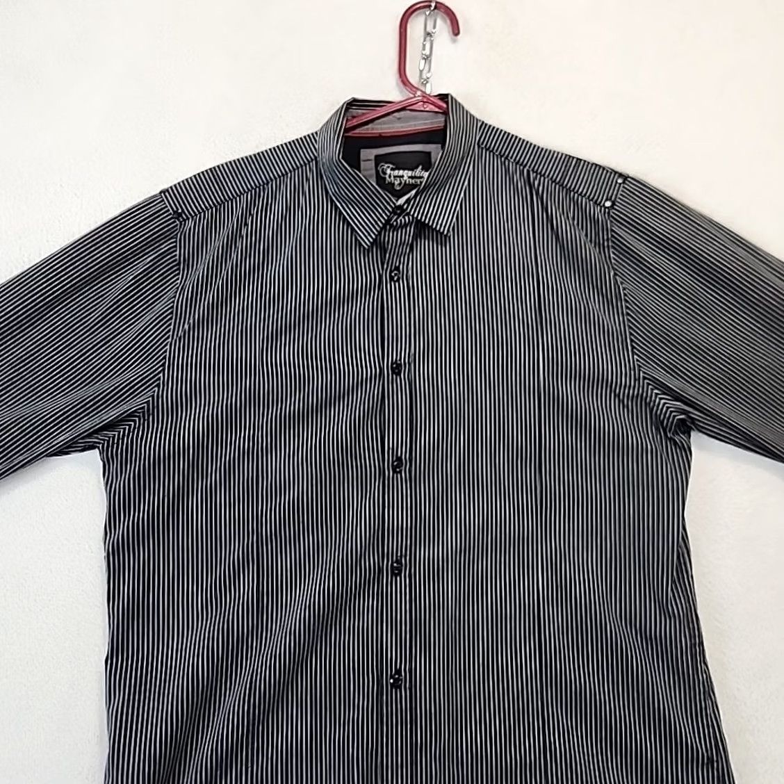 Vintage Tranquility Mayhem Men's Black Striped Long Sleeve Button-Up Shirt - L Regular, Fold-Over Flip Cuff, Pocket, All Seasons, Woven Size 42R - 5 Thumbnail
