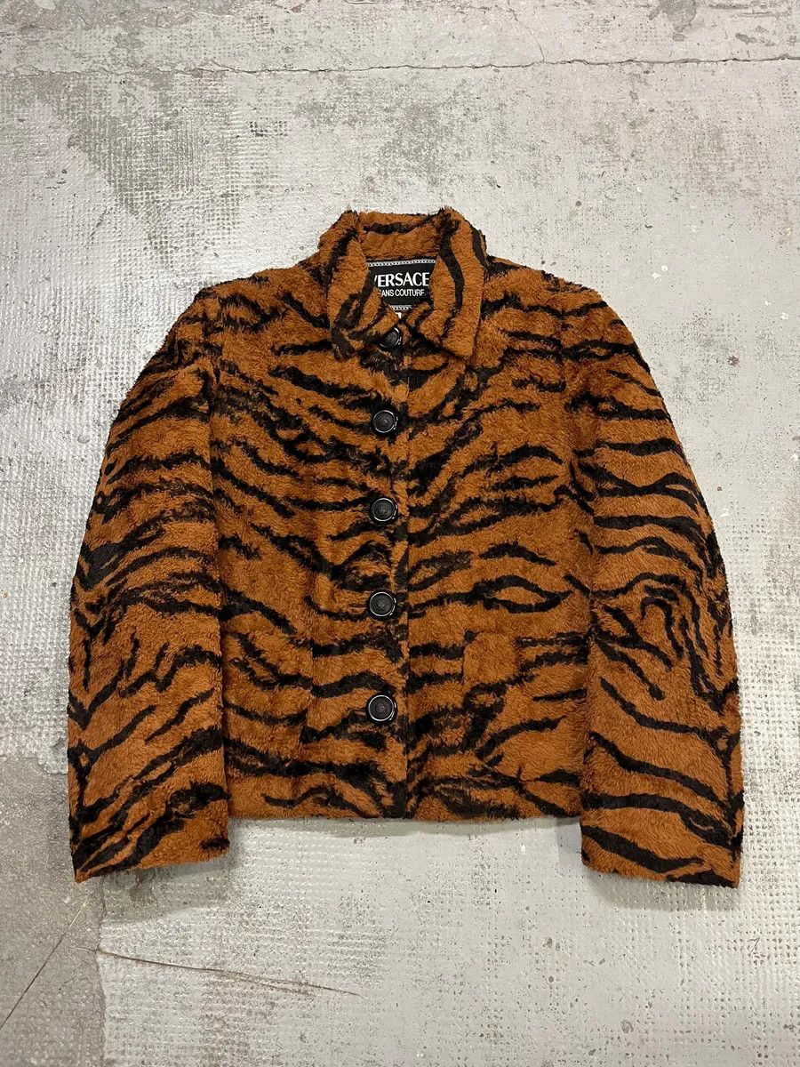Versace 1990s Versace Brown Tiger Stripe Fuzzy Jacket Size M / US 6-8 / IT 42-44 - 1 Thumbnail