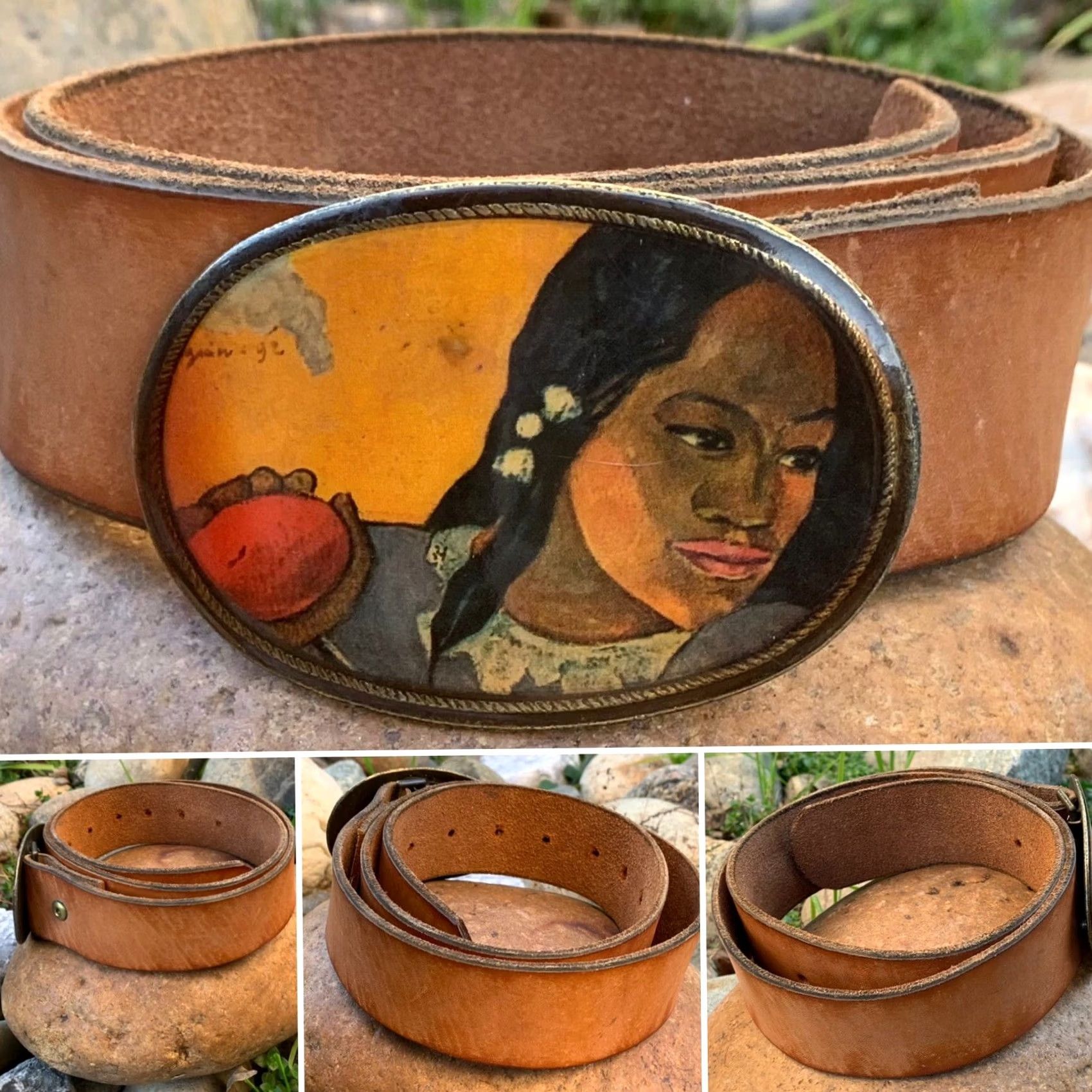 Vintage vtg 1970s brass belt buckle on leather belt portrait of woman western boho USA Belt Buckle Leather Size ONE SIZE - 2 Thumbnail
