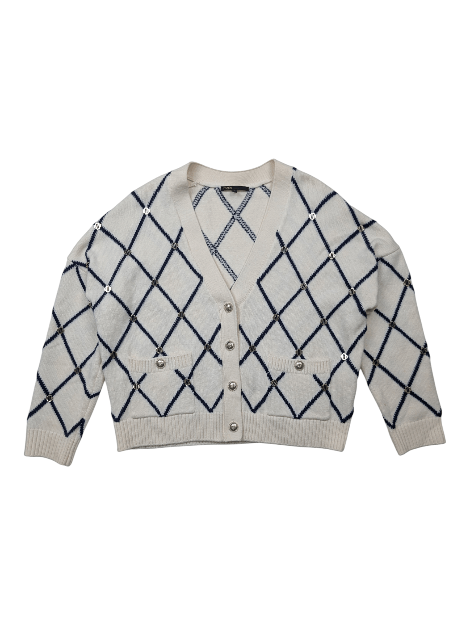 Maje Maje Beige With Navy Diamond-Pattern Cardigan Size XS / US 0-2 / IT 36-38 - 1 Thumbnail