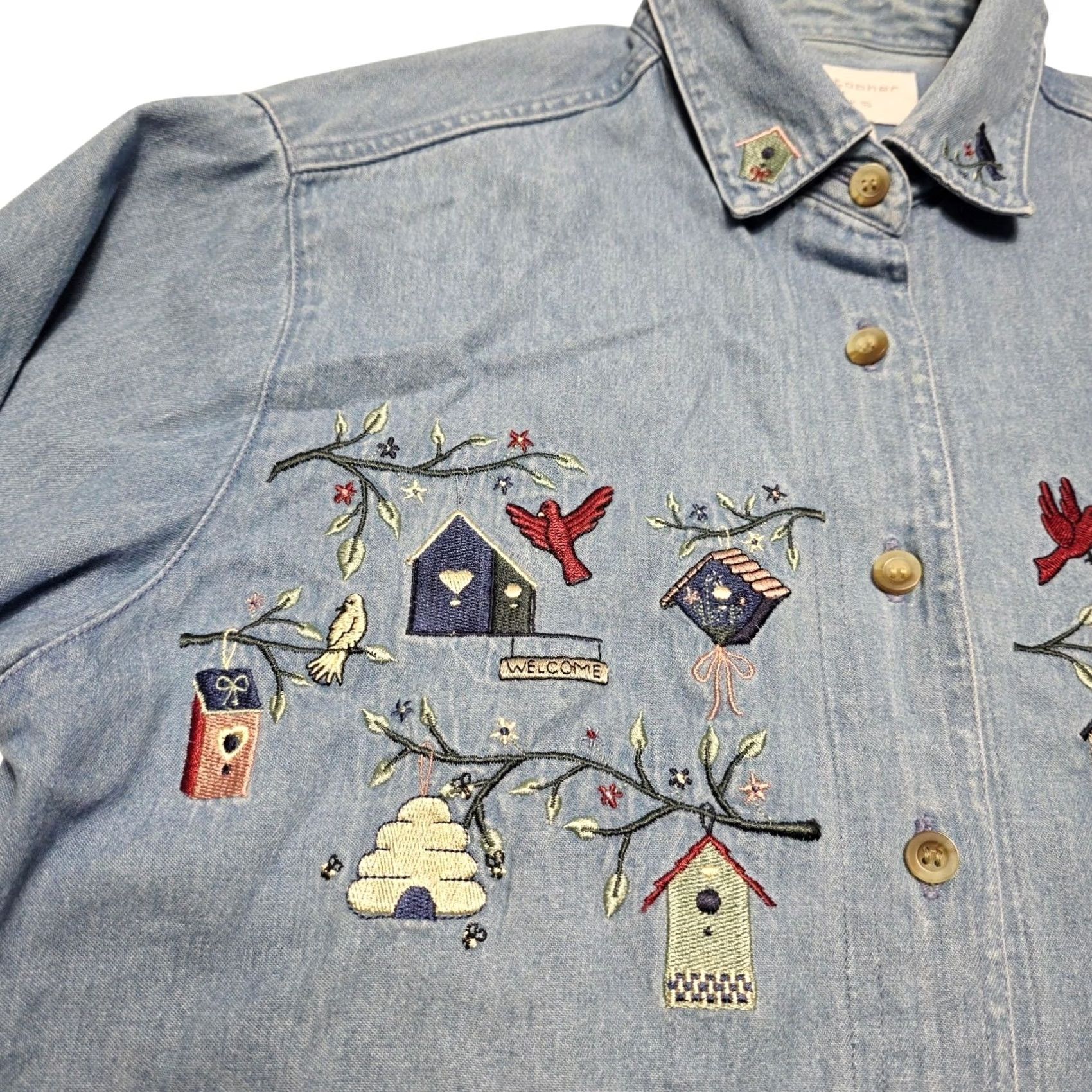 Vintage VINTAGE Christopher & Banks Denim Jean Shirt Womens Size S 3/4 Sleeve Floral Birdbirds Birdhouse Embroidery Blue Women Size S / US 4 / IT 40 - 3 Thumbnail