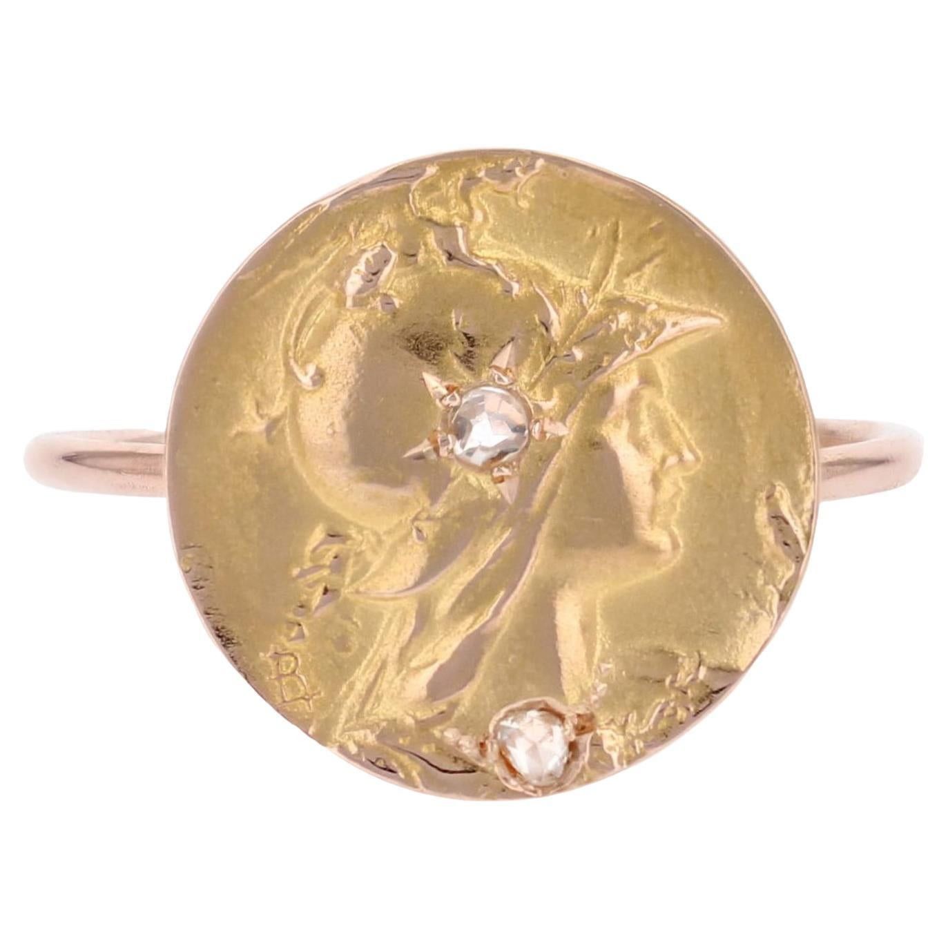 image of Vintage French 20Th Century Diamonds 18 Karat Rose Gold Minerva Round Shape Ring, Women's