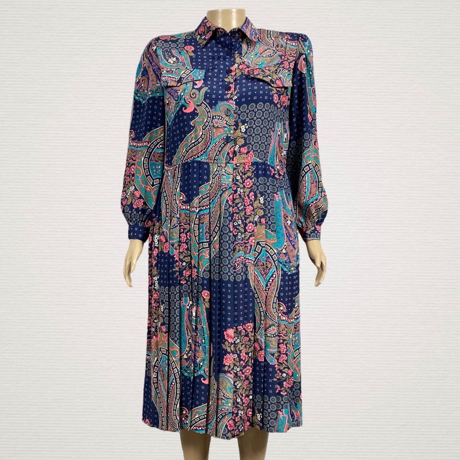 image of VTG Leslie Fay Blue Floral Paisley Midi Casual Dress 12P, Women's (Size XL)