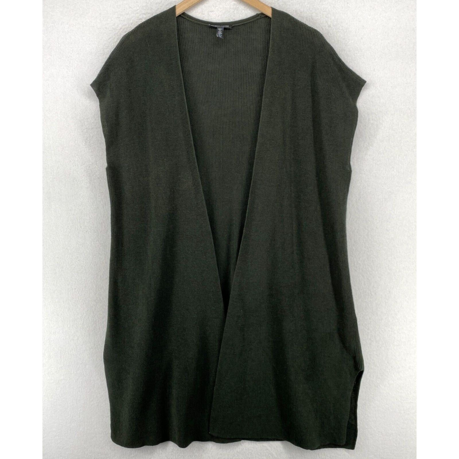 image of Eileen Fisher Cardigan L Organic Linen Cotton Rib Open Front Short Sleeve Green in White, Women's (