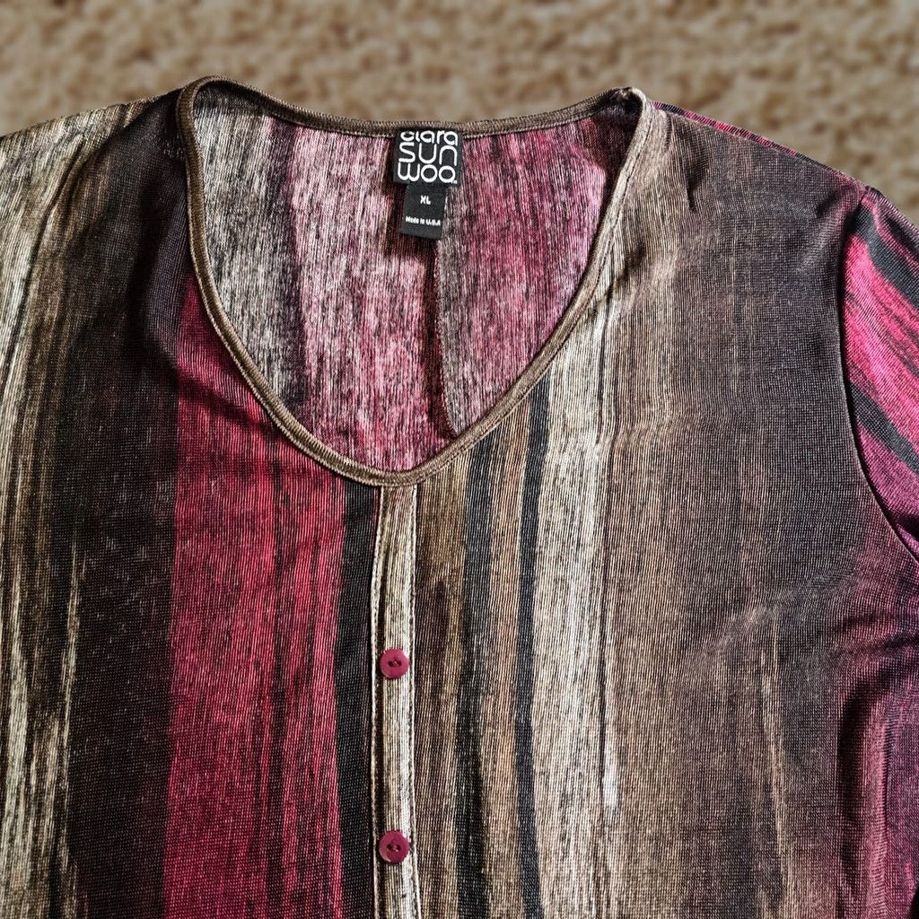 Vintage Clara Sun Woo Top Womens XL Red Black Stripe Slinky No Iron Stretch Casual Shirt Size XL / US 12-14 / IT 48-50 - 1 Thumbnail