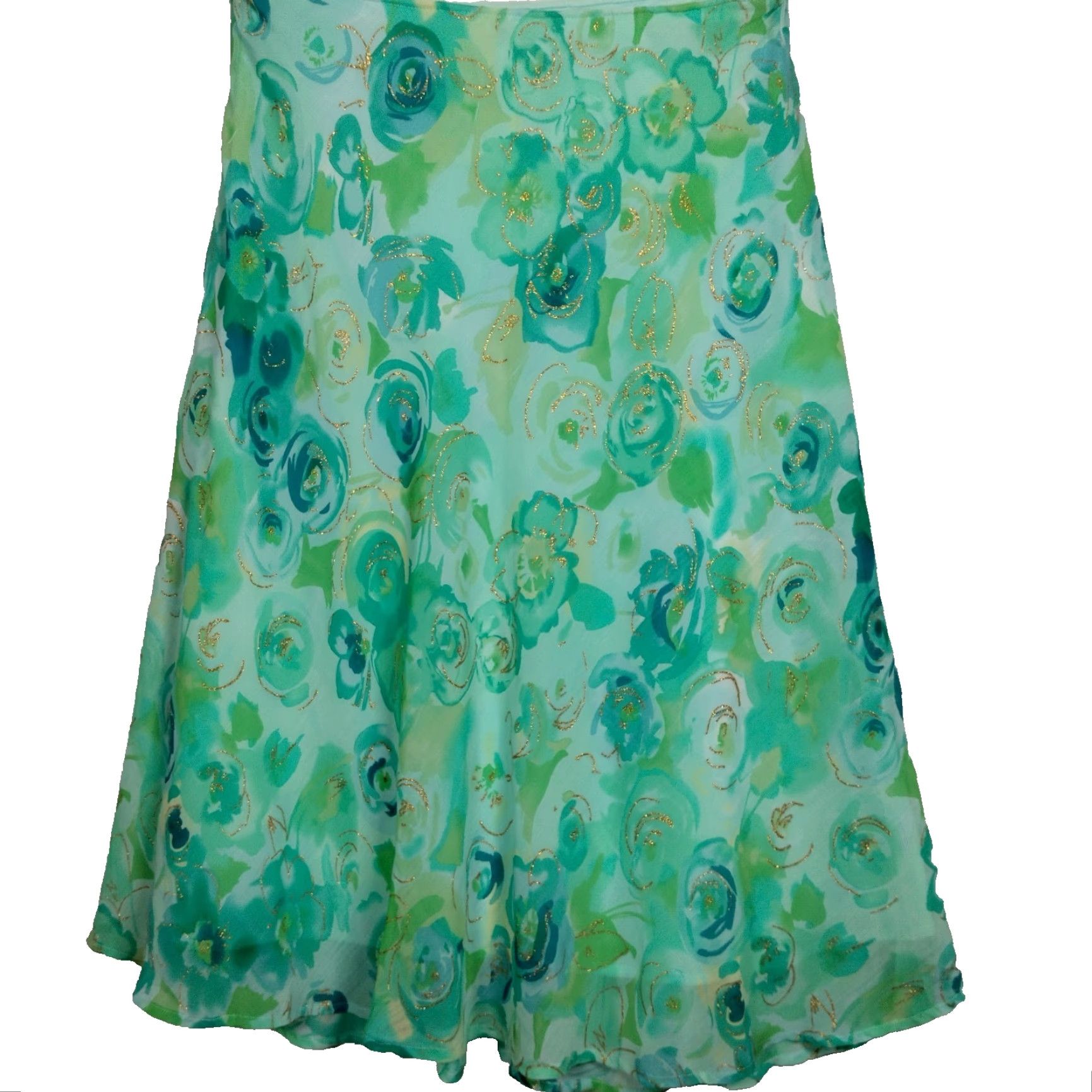 Vintage VINTAGE Dressbarn Skirt Women Midi A-Line Floral Blue Green Gold Semi-sheer Crinkle Polyester Lined Easter Y2K Fun Mans Size 30" / US 8 / IT 44 - 2 Thumbnail